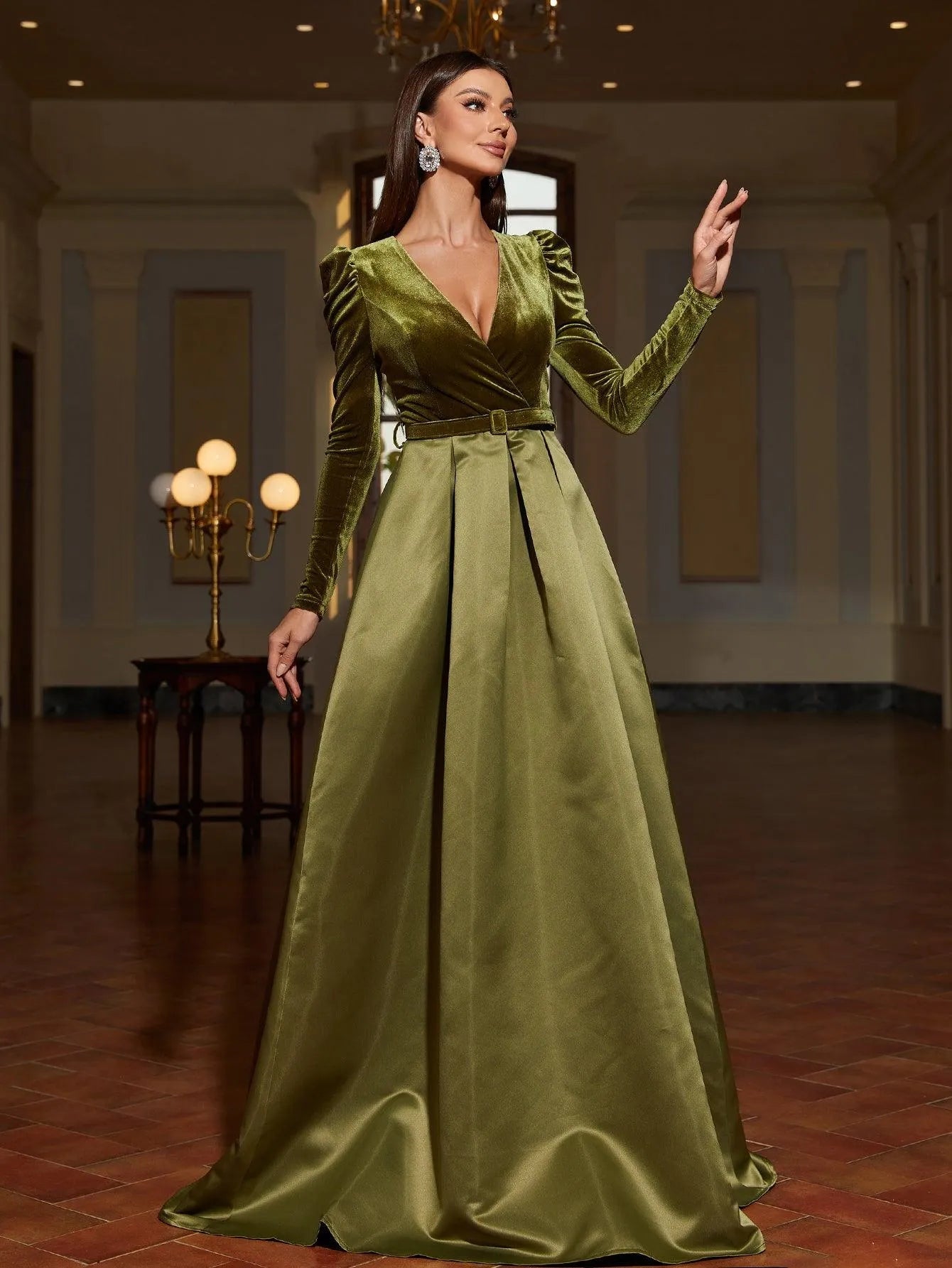 Surplice Neck Long Sleeves Belted Satin A Line Dress