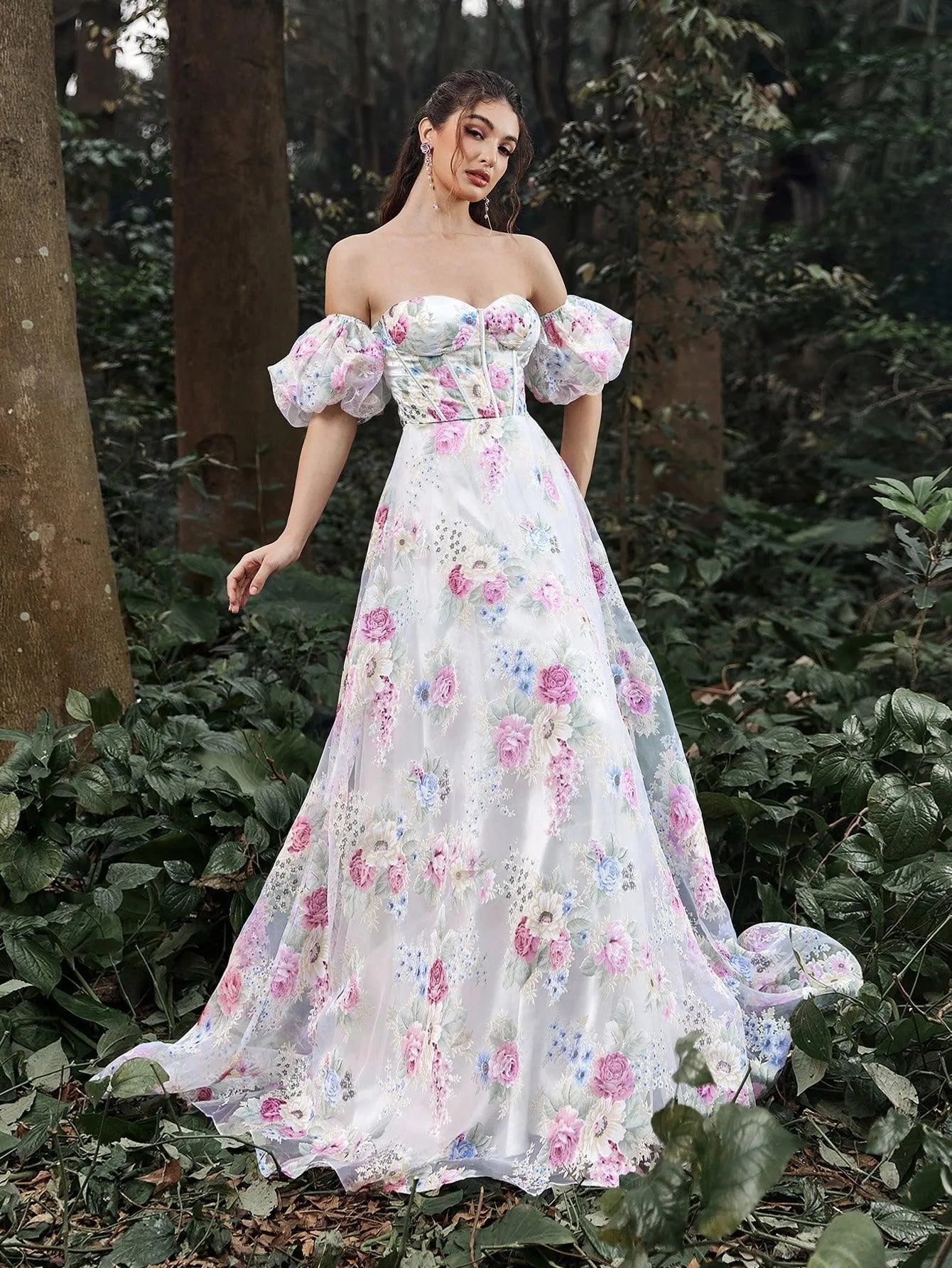 Elegant Off Shoulder Puff Sleeves Floral Printed Organza Prom Dress