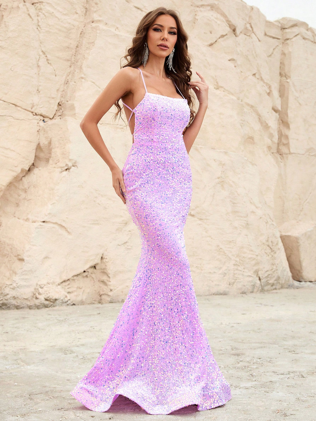 Spaghetti Strap Lace Up Back Sequin Mermaid Dress