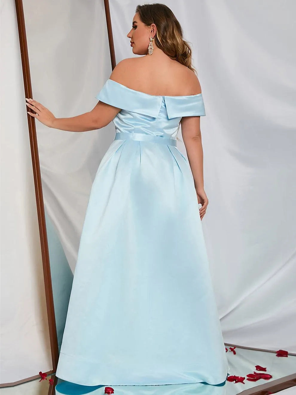 Plus Off Shoulder Buckle Belted Satin Ball Gown