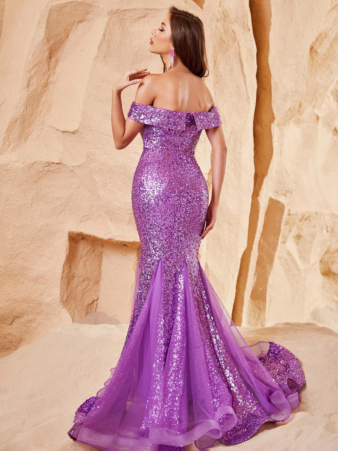 Off Shoulder Sleeveless Mesh Insert Sequin Mermaid Dress