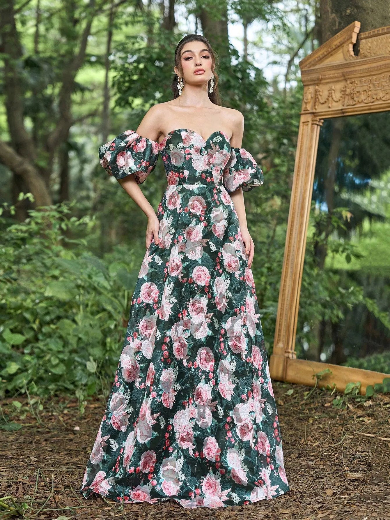 Floral Jacquard Off Shoulder Puff Sleeves Prom Dress