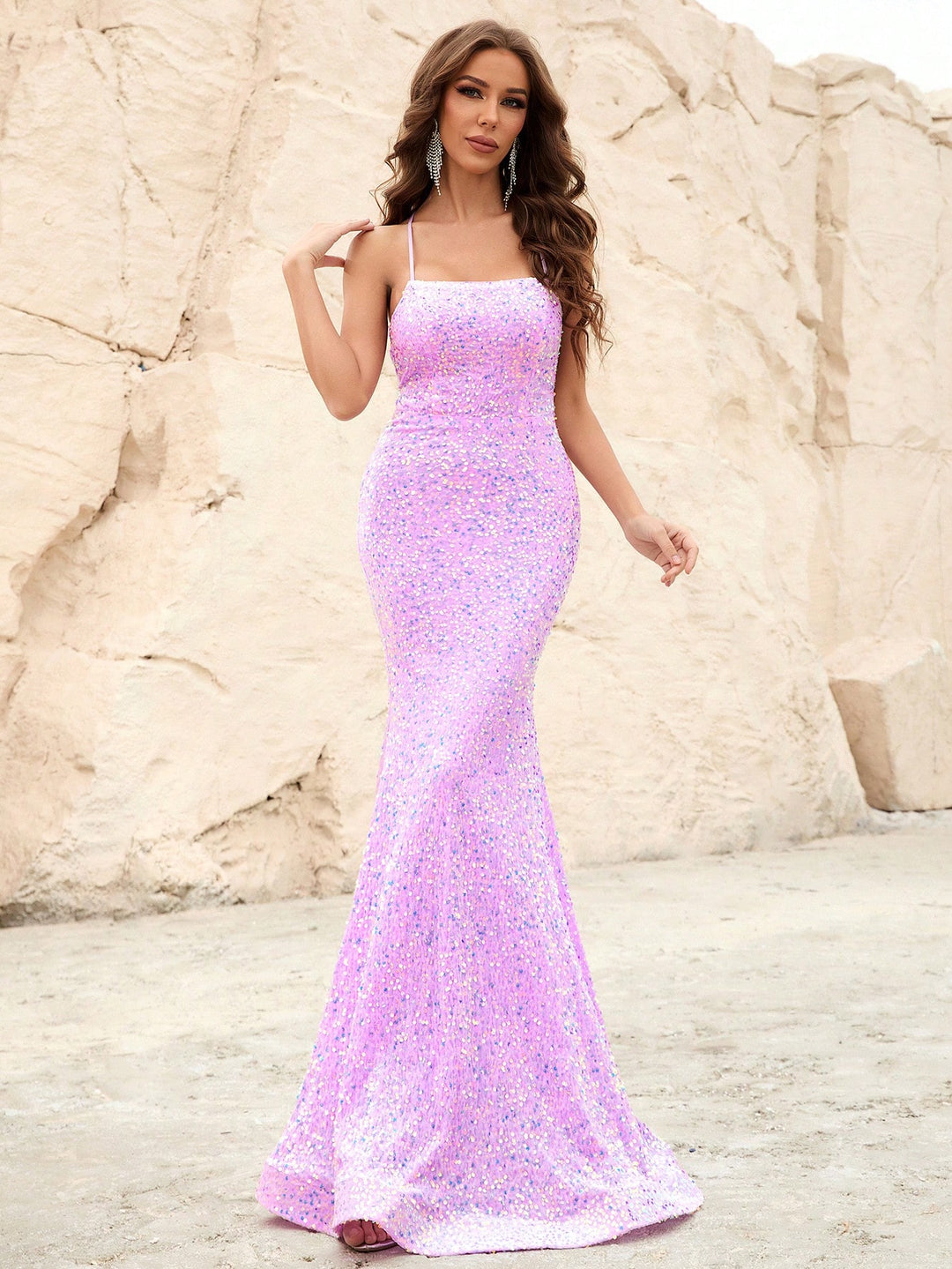 Spaghetti Strap Lace Up Back Sequin Mermaid Dress