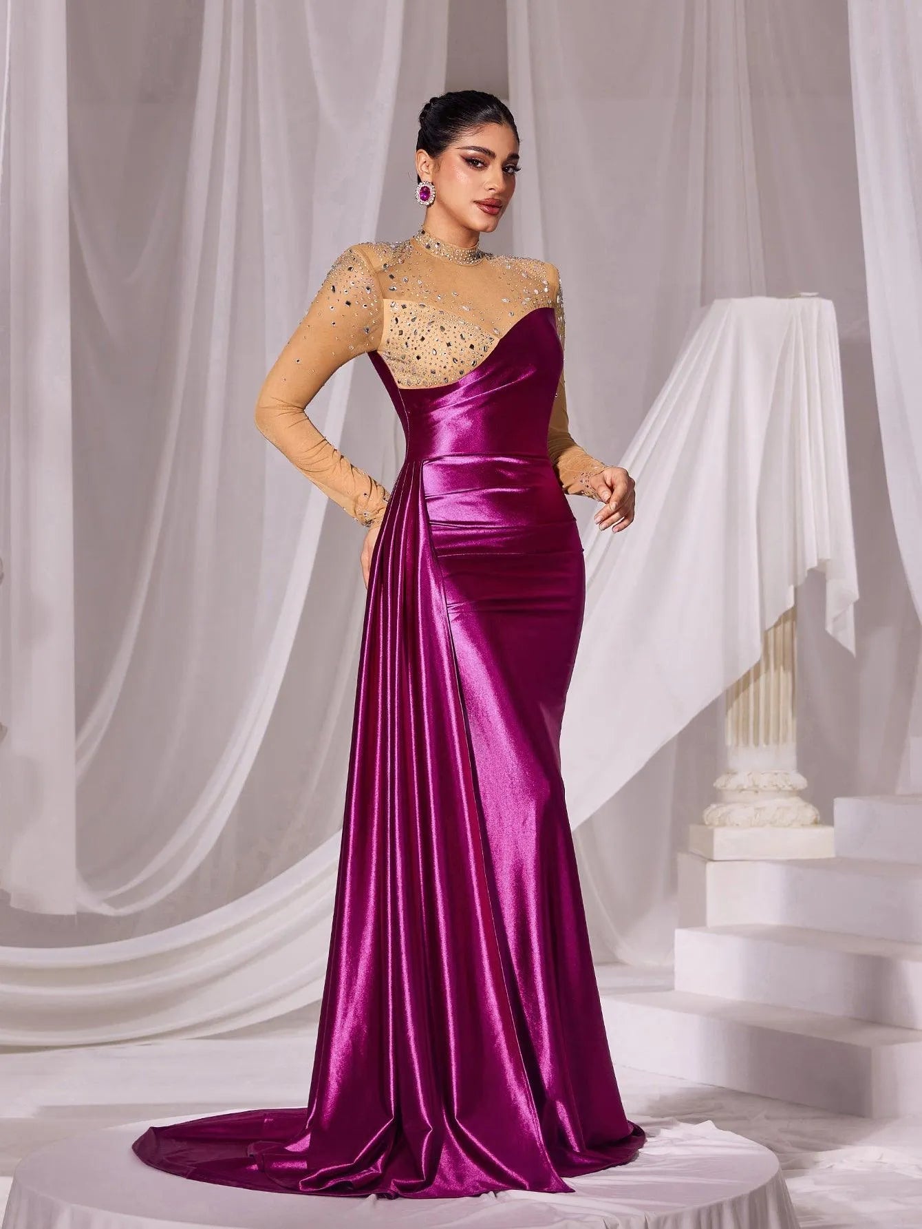 Rhinestone Detail Mock Neck Satin Mermaid Prom Dress