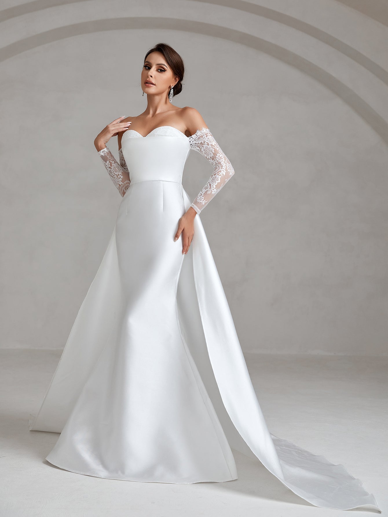 Off Shoulder Lace Sleeve Satin Mermaid Hem Wedding Dress