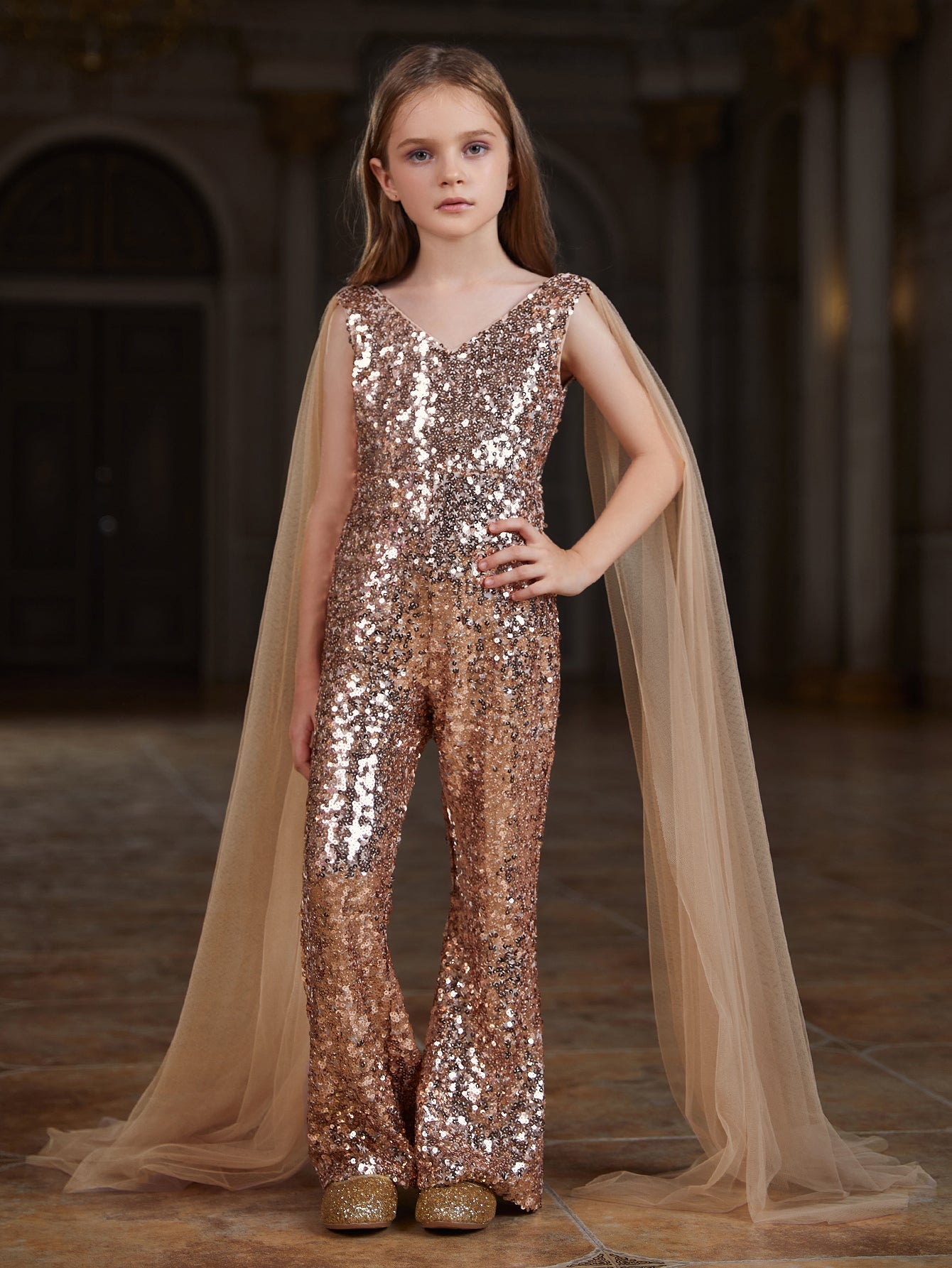 Girl's V Neck Mesh Cloak Sleeve Sequin Jumpsuit