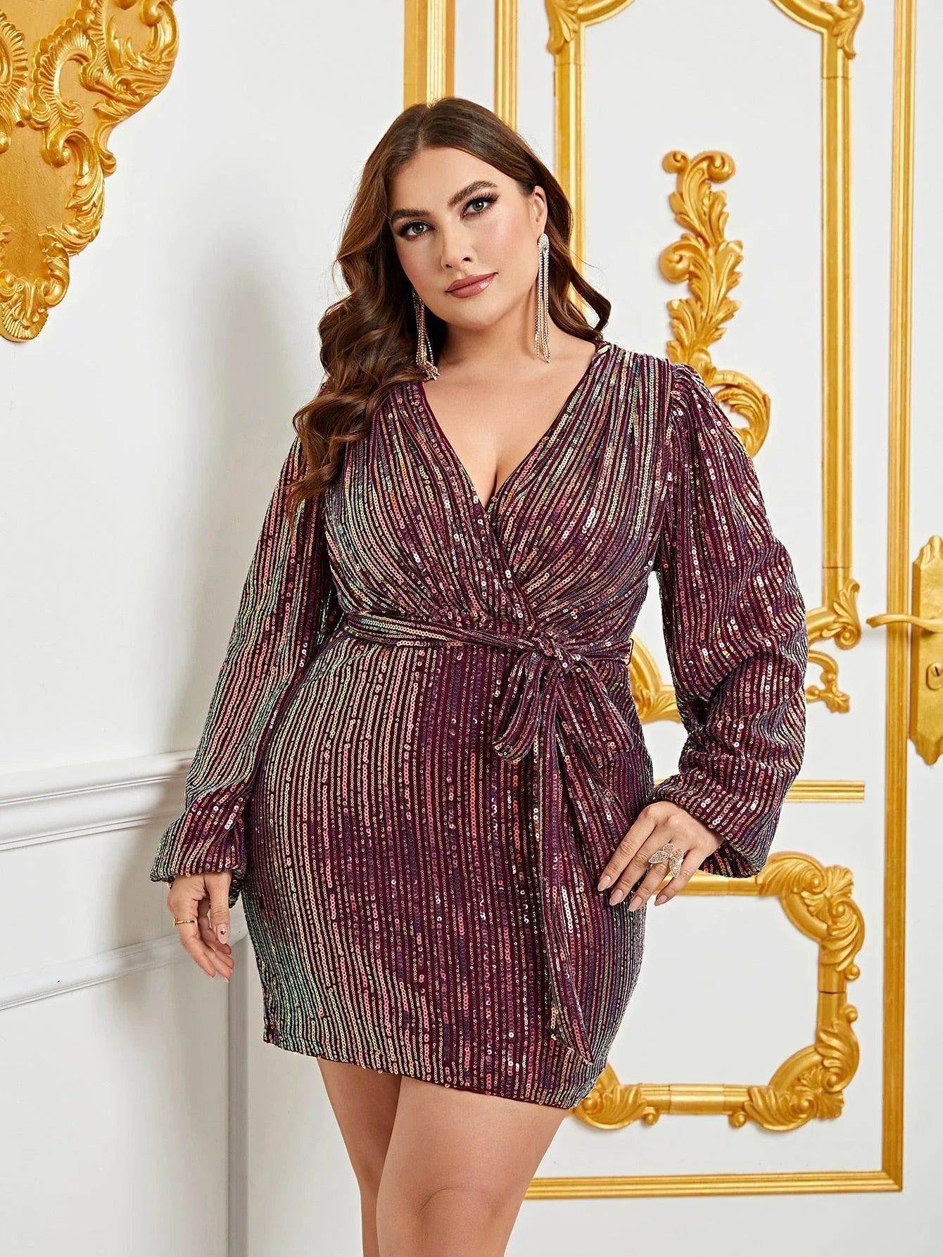 Plus Surplice Neck Lantern Sleeves Sequin Belted Dress