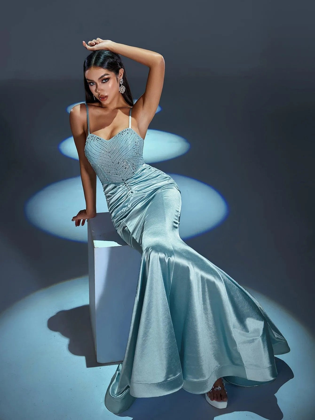 Rhinestone Detail Spaghetti Straps Satin Mermaid Dress