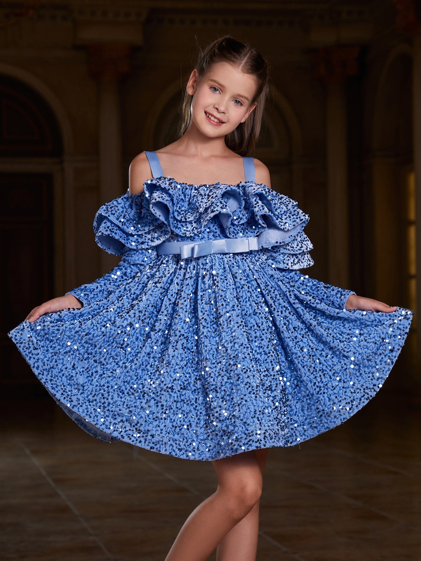 Girl's Off Shoulder Layered Ruffle Trim Sequin Party Dress