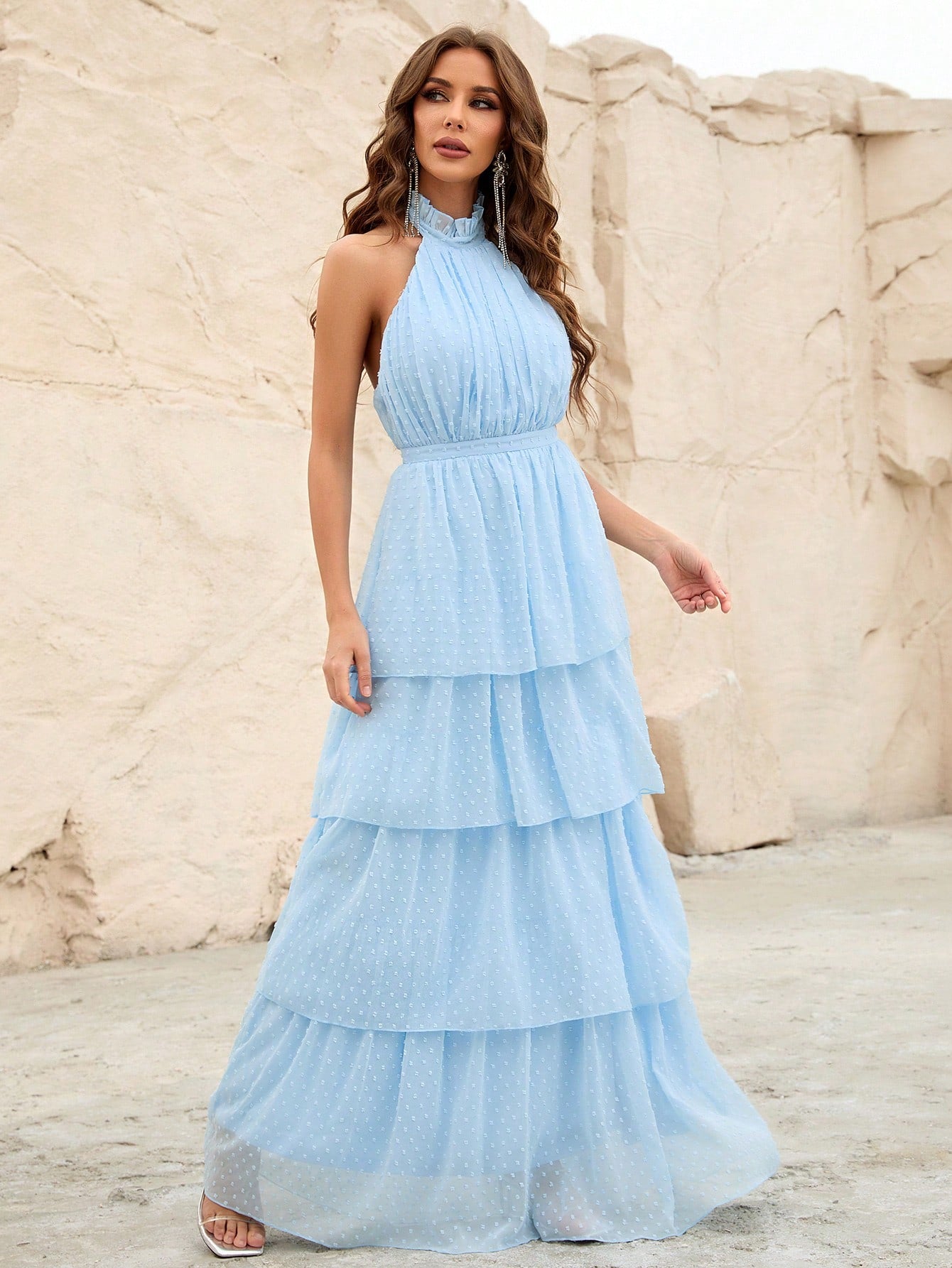 Halter Backless Chiffon Dress With Layered Ruffle Hem