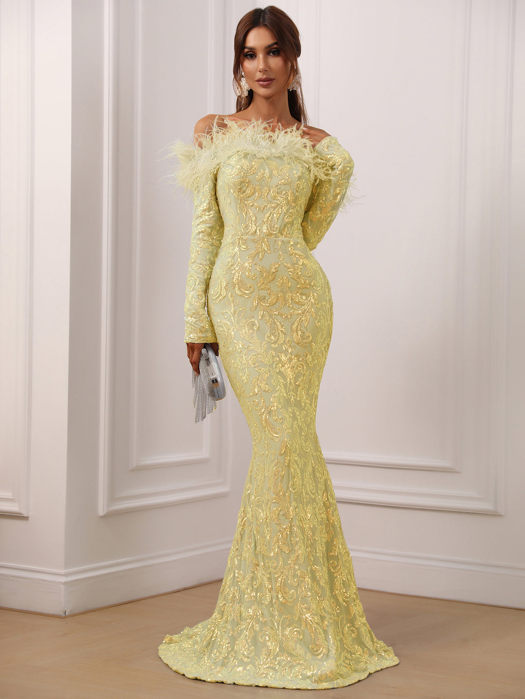 Evening Gown Long Sleeve Prom Dress With Feathers