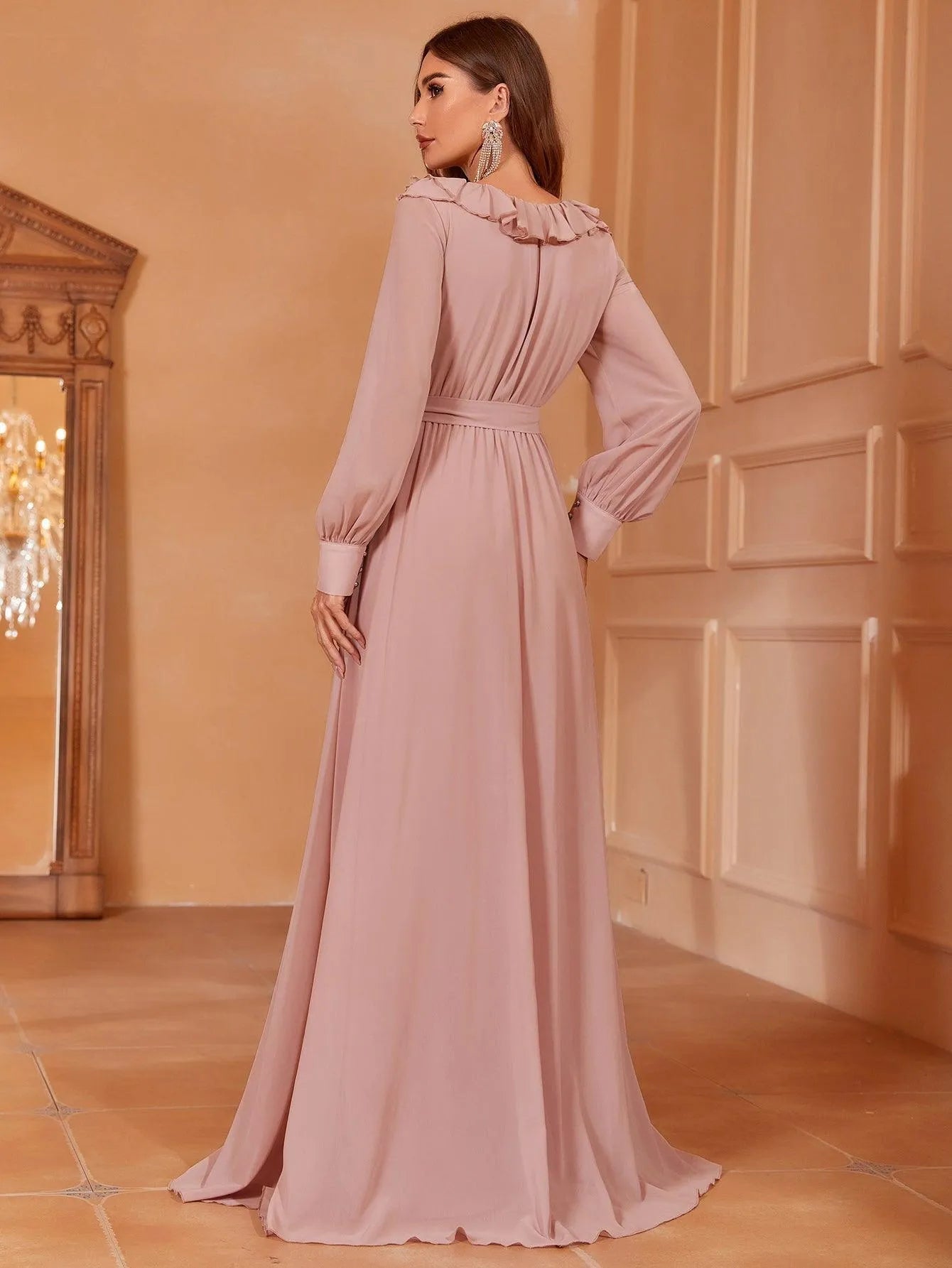 Solid Bishop Sleeves Chiffon Belted Dress