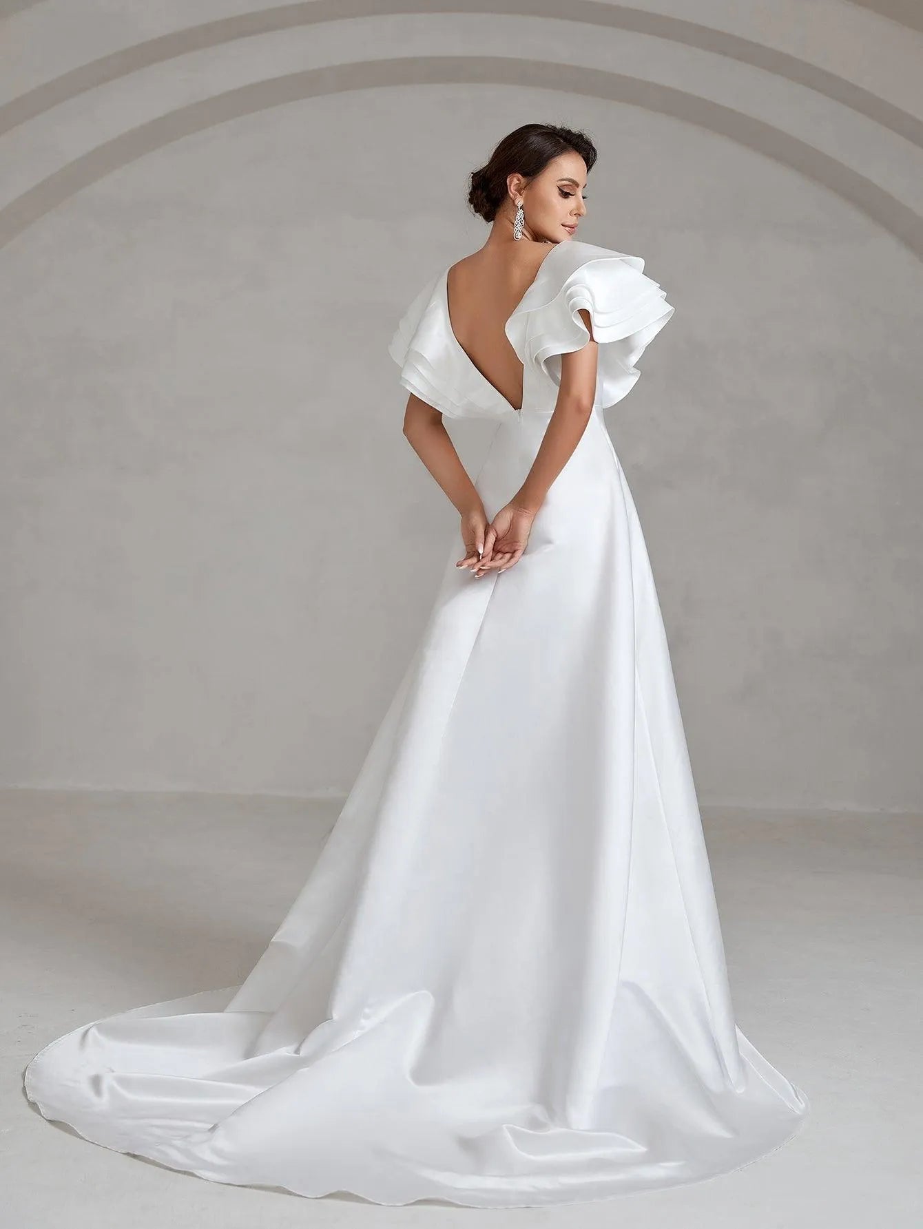 Backless Ruffle Layered Sleeve Satin Wedding Dress