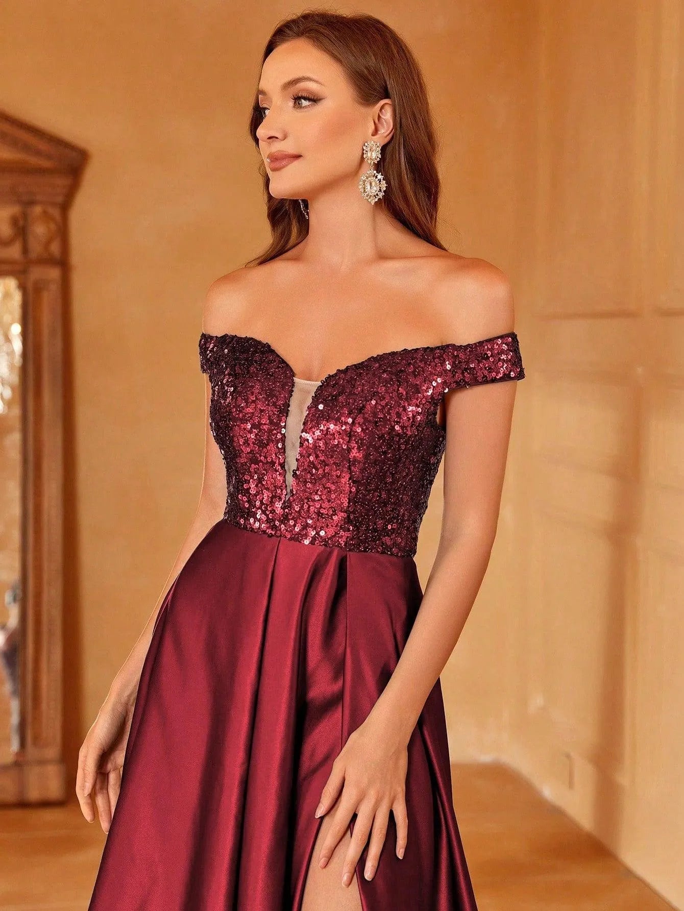 Off Shoulder Contrast Sequin Satin Prom Dress