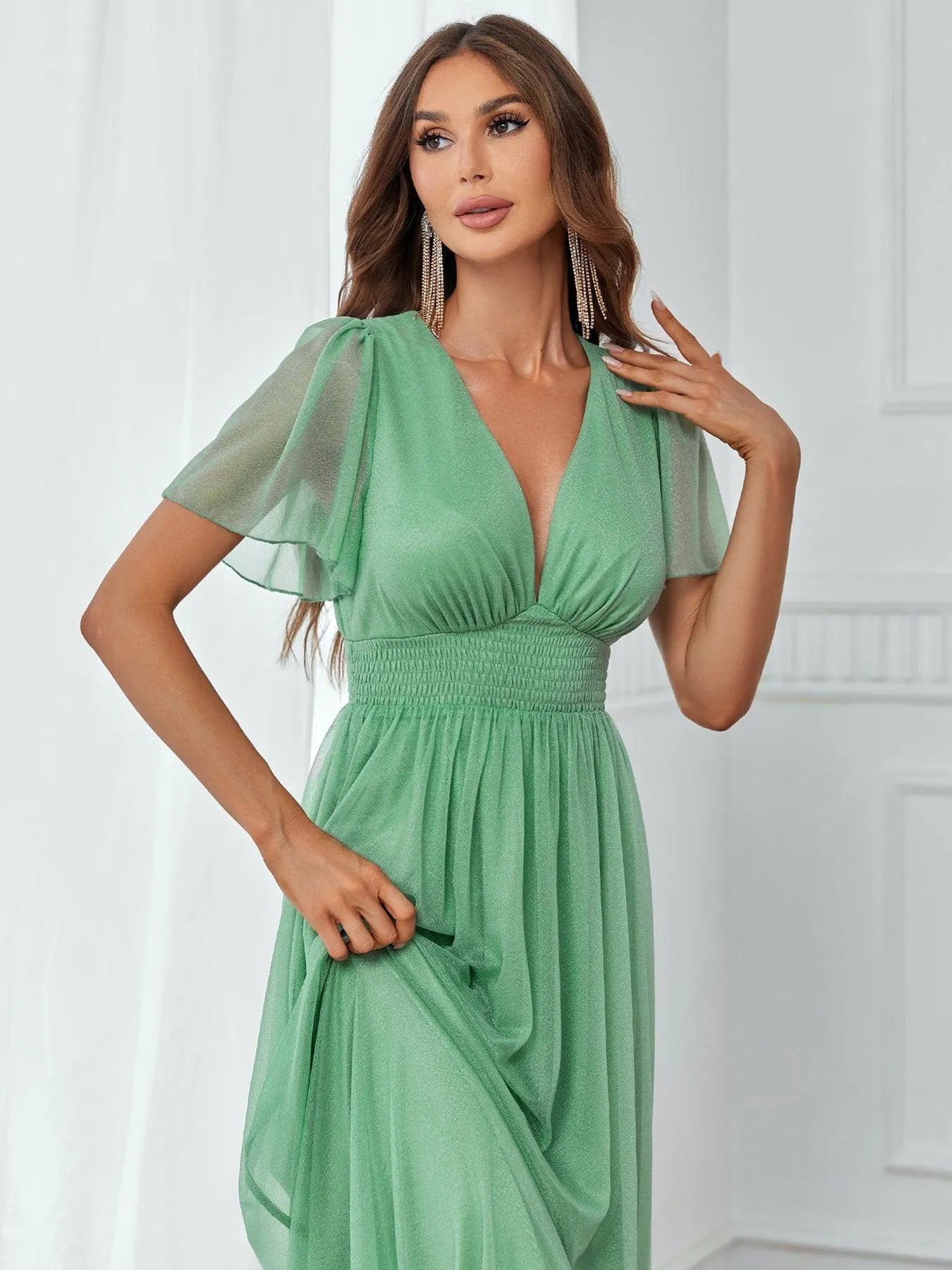 Plunging Neck Shirred Waist Butterfly Sleeve A Line Dress