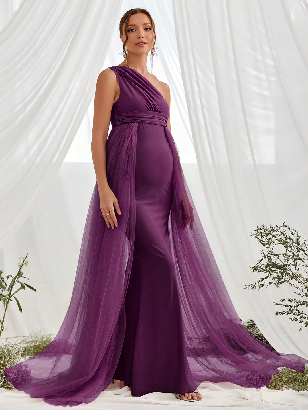 One Shoulder Sleeveless Contrast Mesh Maternity Dress