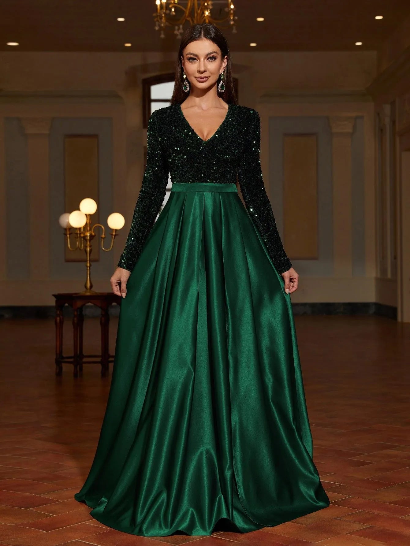 Plunging Neck Contrast Satin Sequin Formal Dress