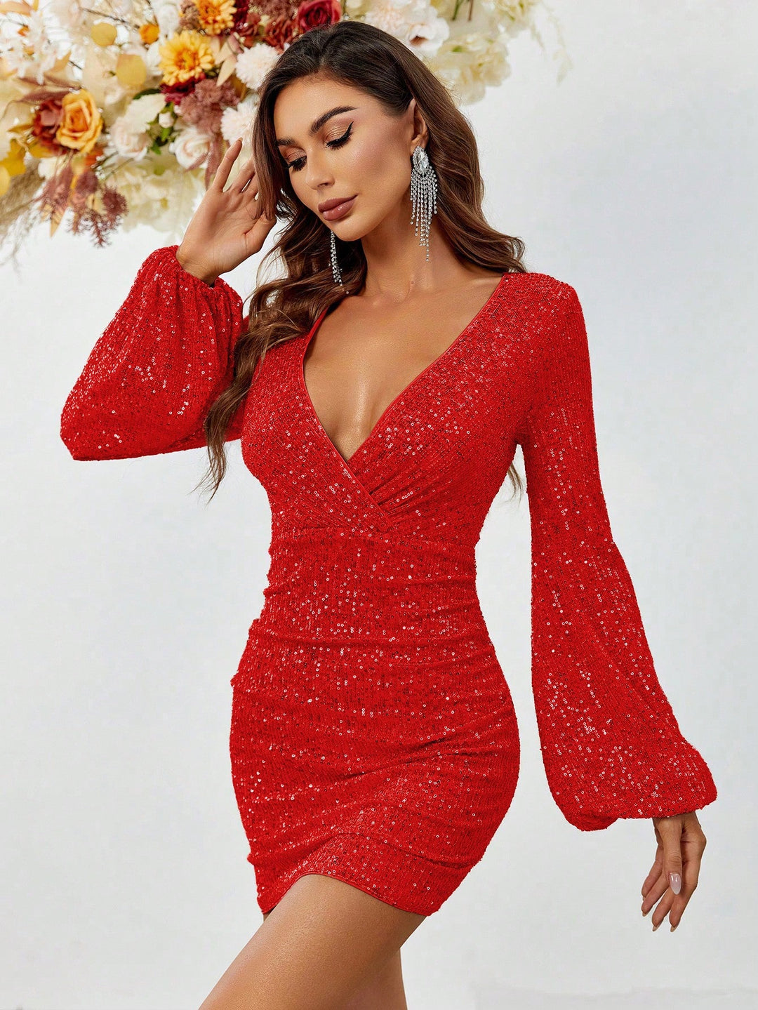 Surplice Neck Lantern Sleeve Sequin Bodycon Dress