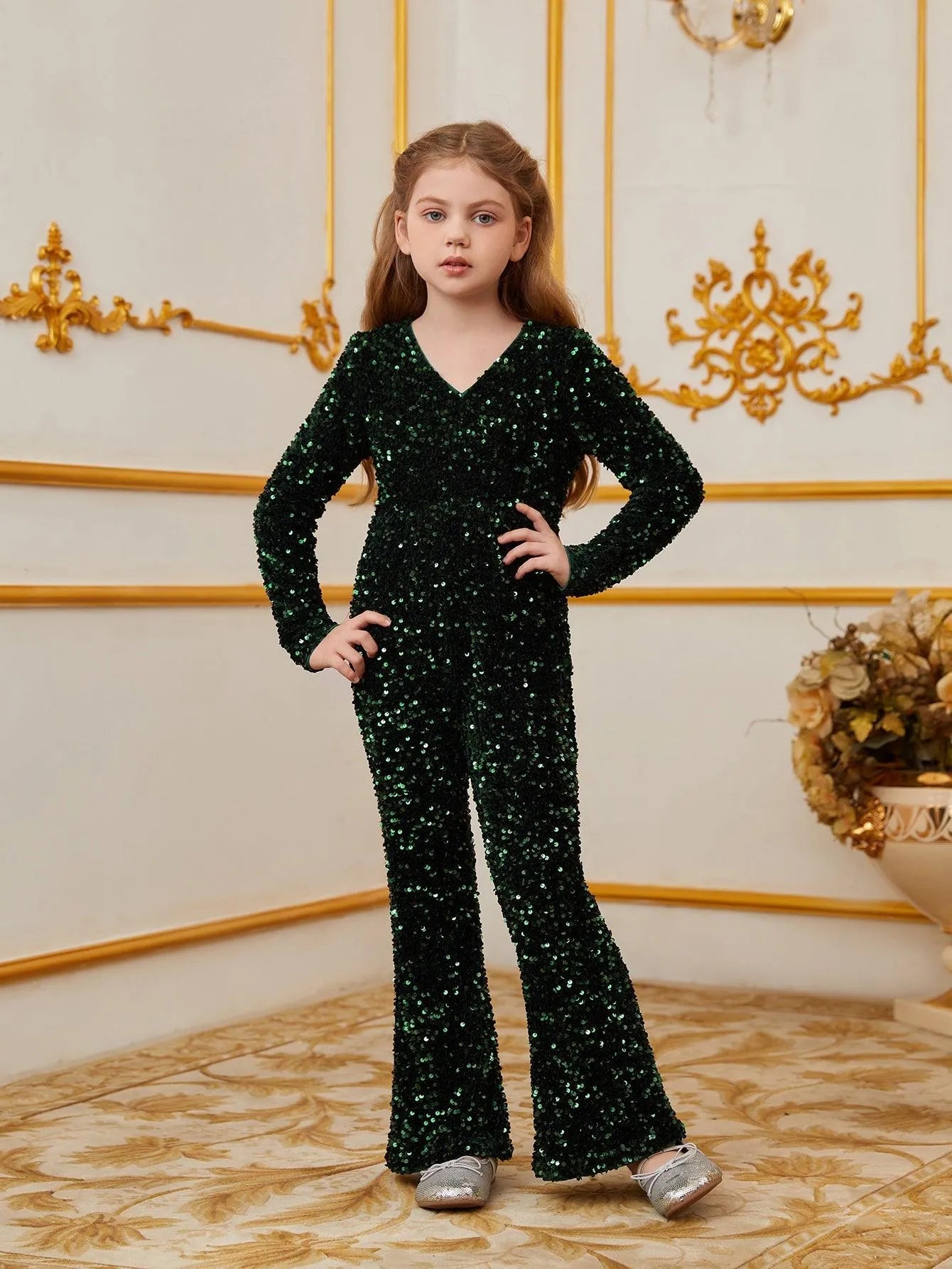 Tween Girls' V Neck Long Sleeves Sequin Jumpsuit