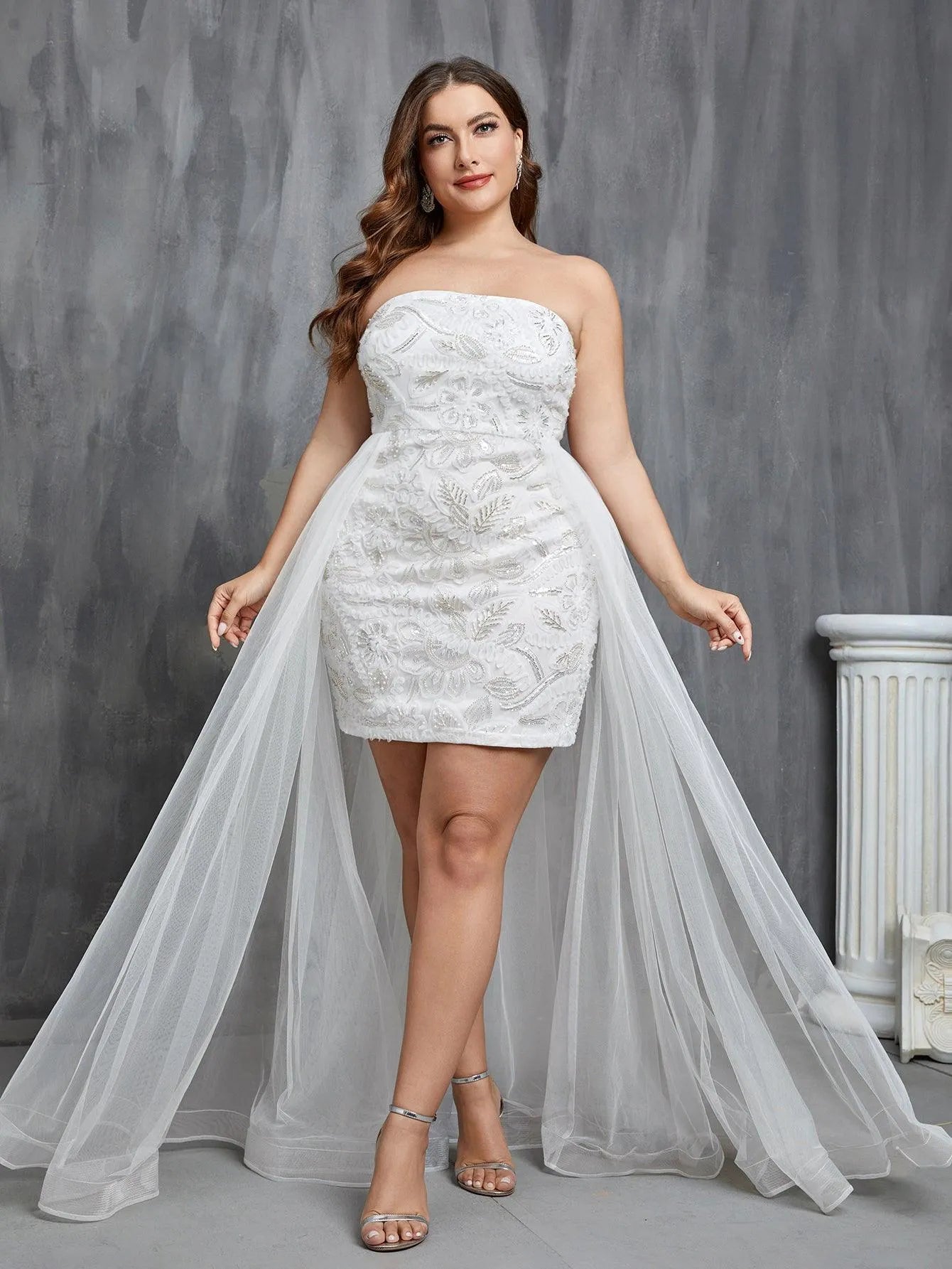 Plus Mesh Overlay Sequin Tube Wedding Dress