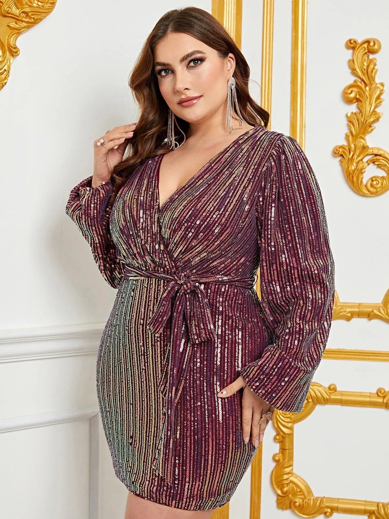 Plus Surplice Neck Lantern Sleeves Sequin Belted Dress