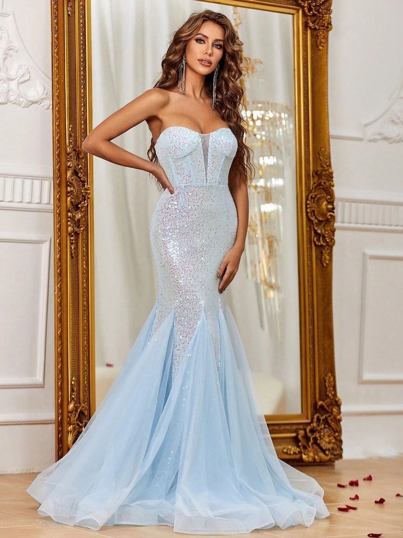 Tube Sleeveless Mesh Insert Sequin Mermaid Dress