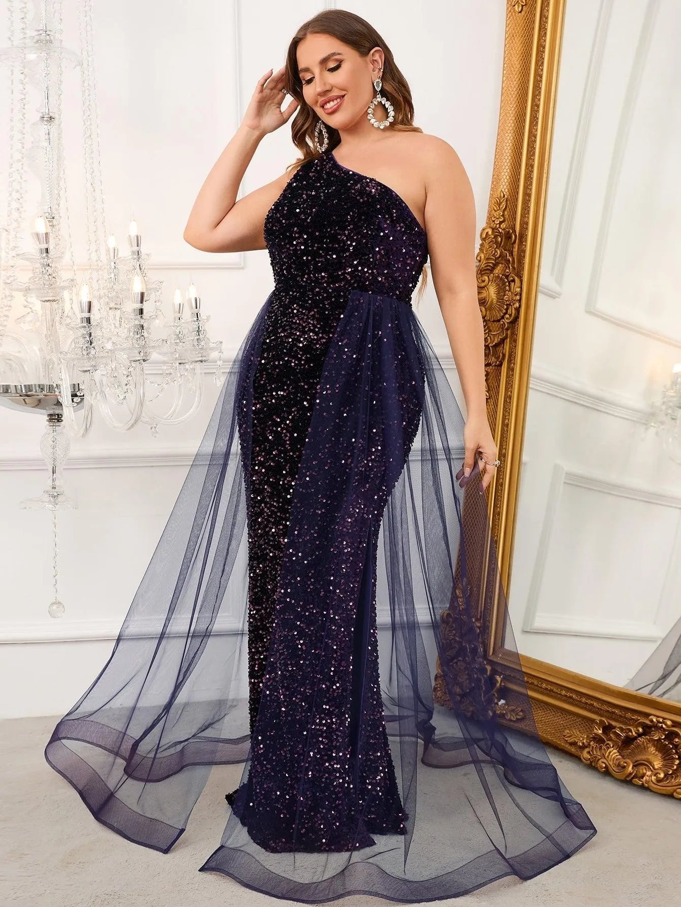 Plus One Shoulder Contrast Mesh Sequin Mermaid Dresses