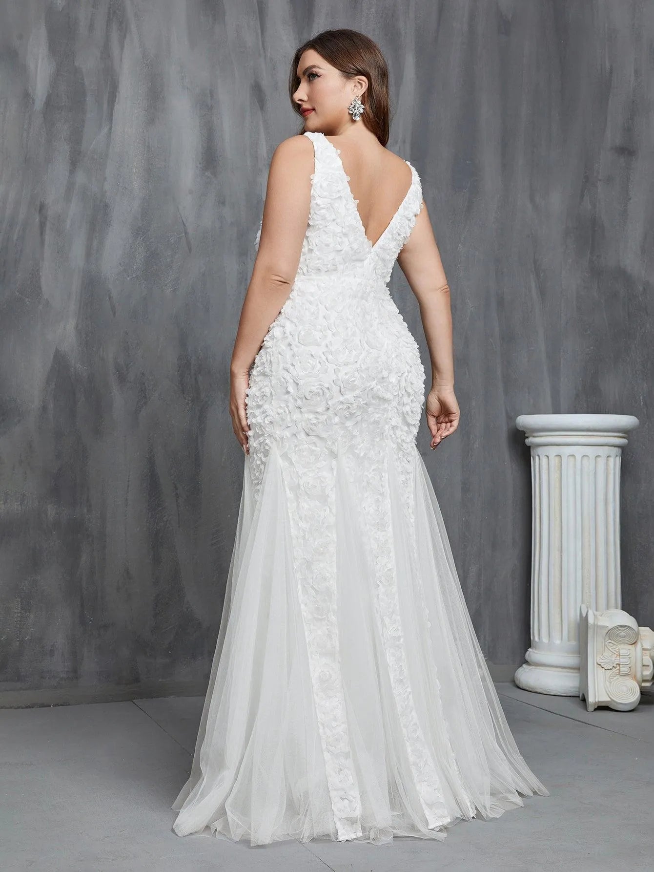 Plus Plunging Neck Mermaid Hem Wedding Dress