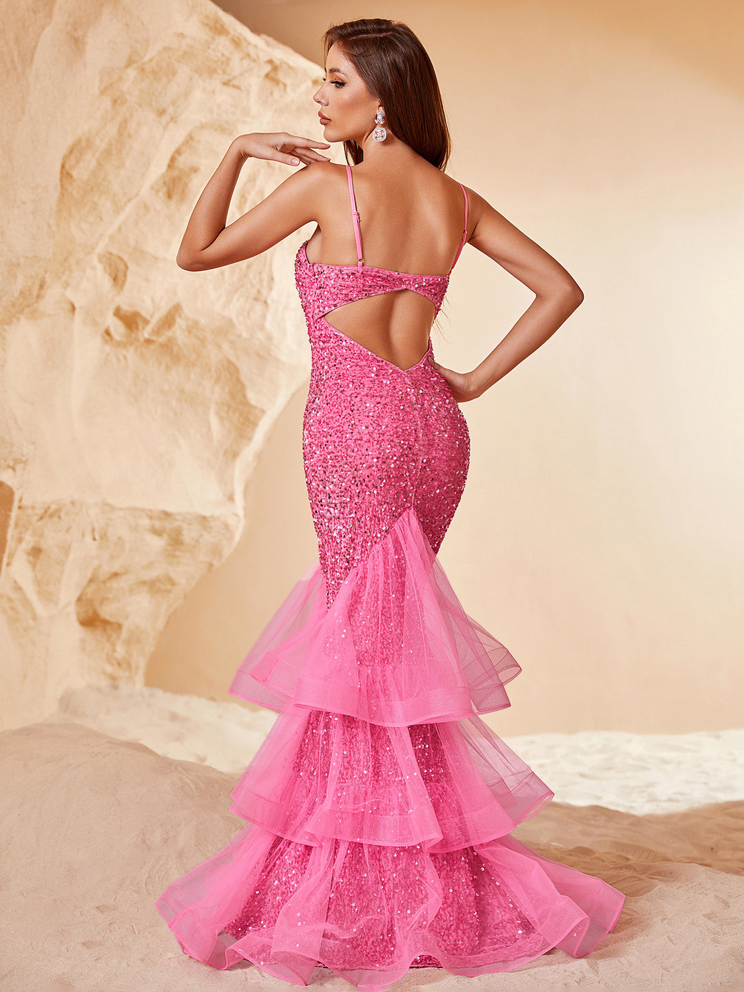 Back Cut Out Sleeveless Sequin Layered Mermaid Dress