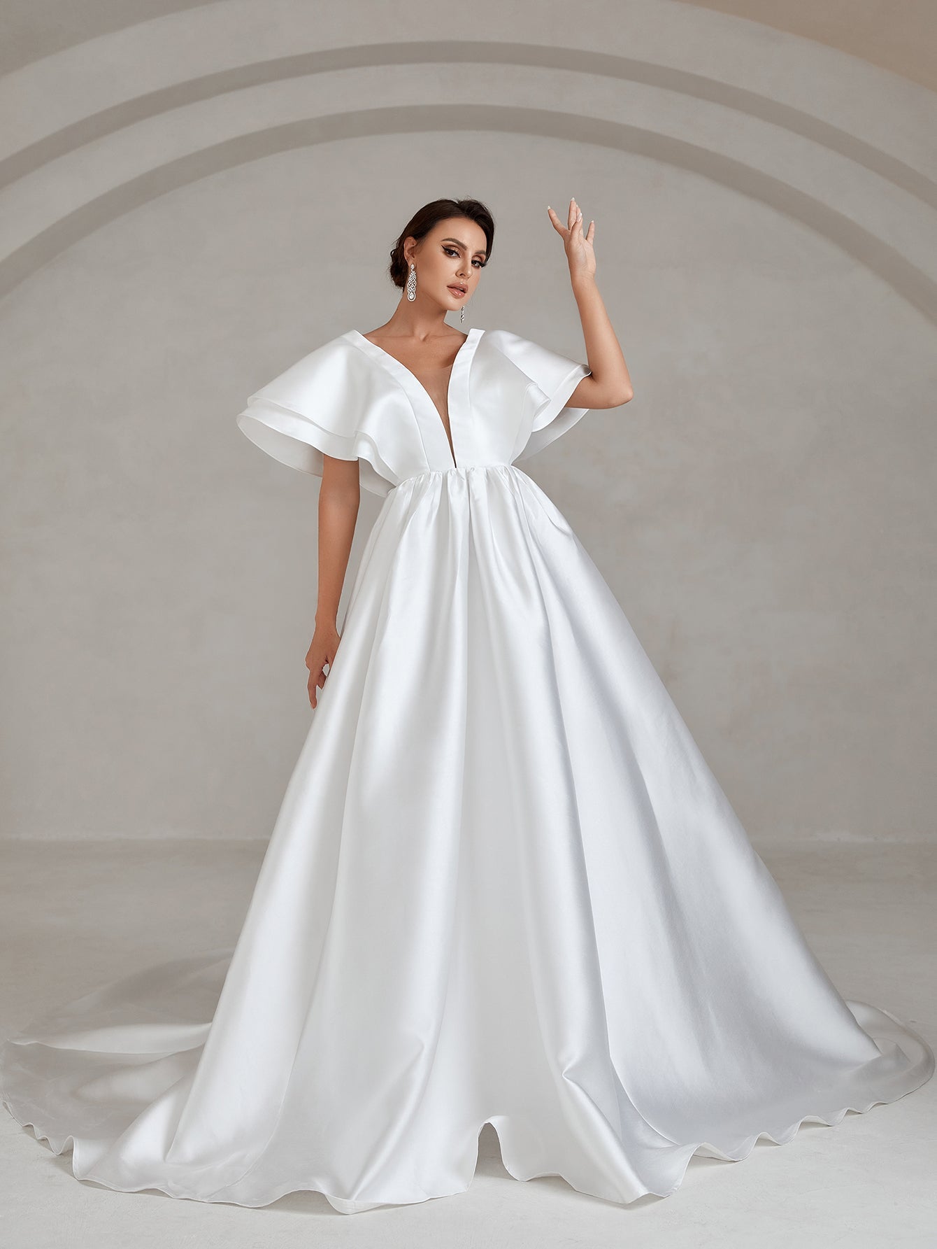 Backless Ruffle Layered Sleeve Wedding Dress