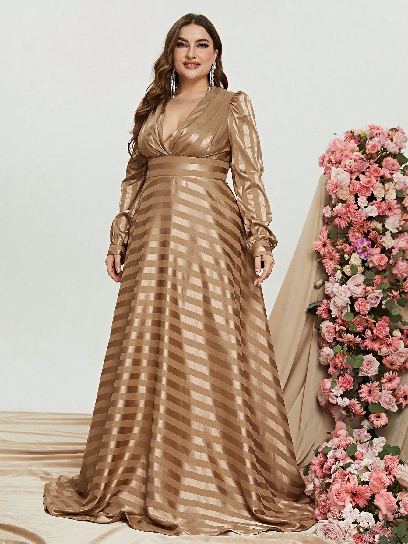 Plus Plunging Neck Long Sleeve A Line Gown