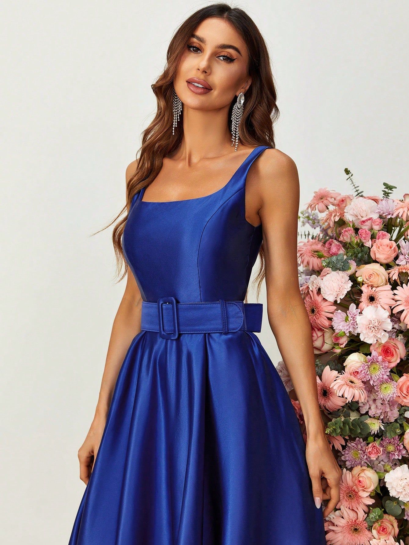 Square Collar Sleeveless Waist Belt Satin A line Dress