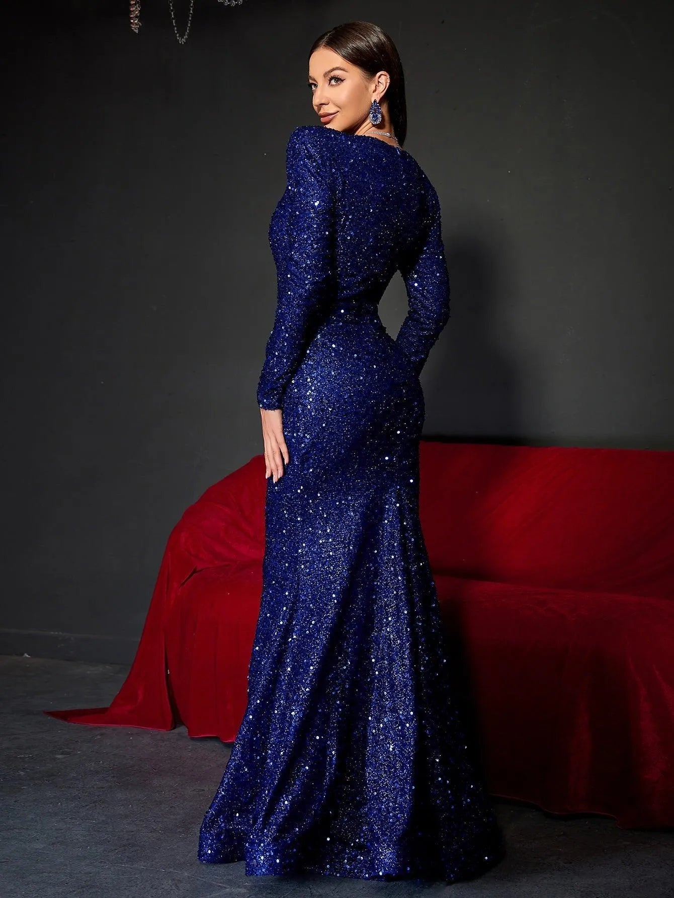 Plunging Neck Long Sleeve Sequin Mermaid Dresses