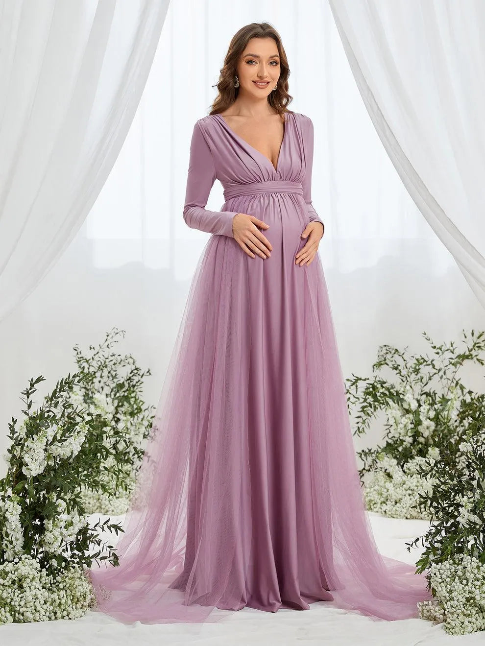 Maternity Plunging Neck Long Sleeve Contrast Mesh Formal Dress