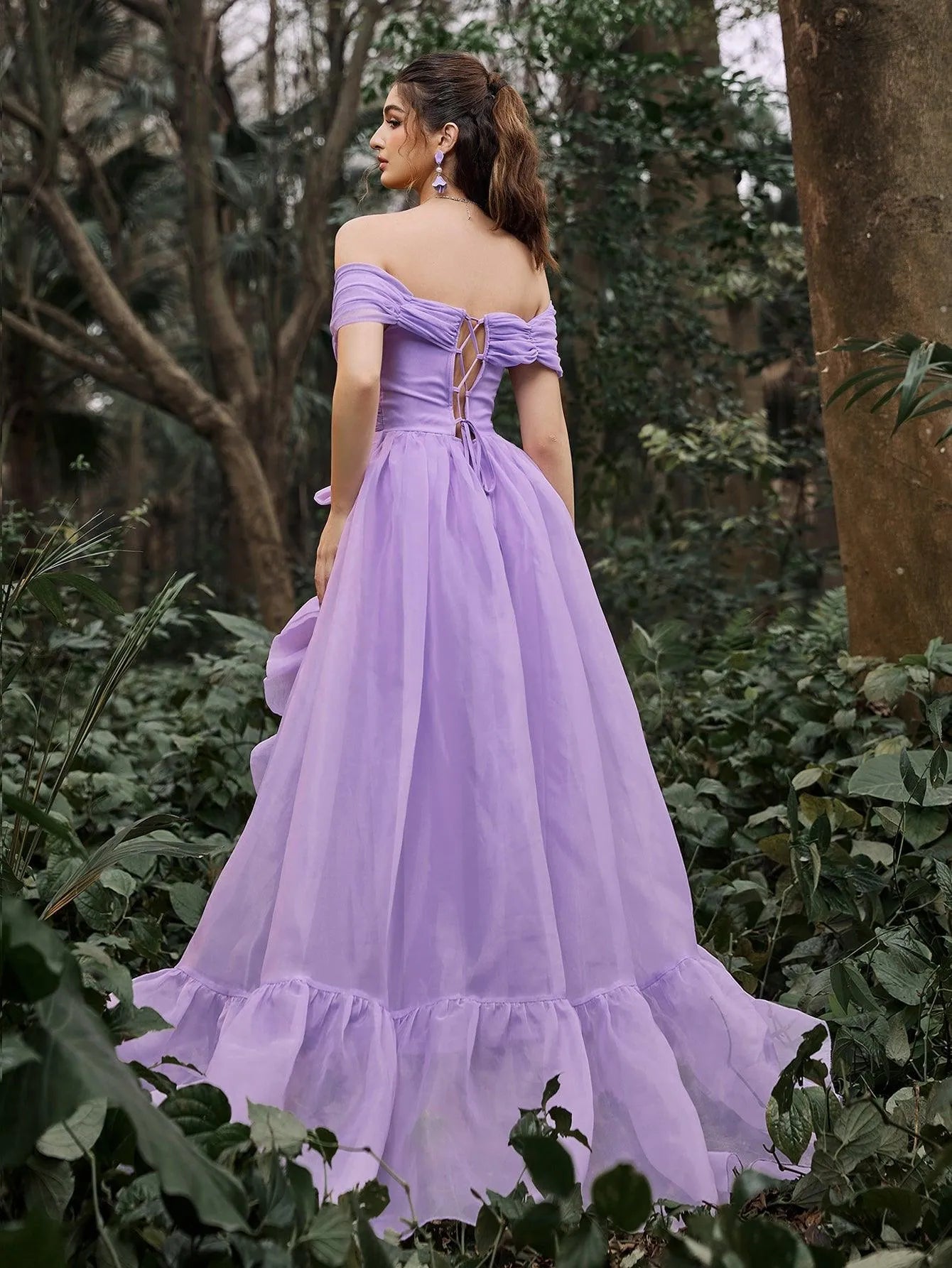 Off Shoulder Ruffle Trim Split Thigh Organza Prom Dress