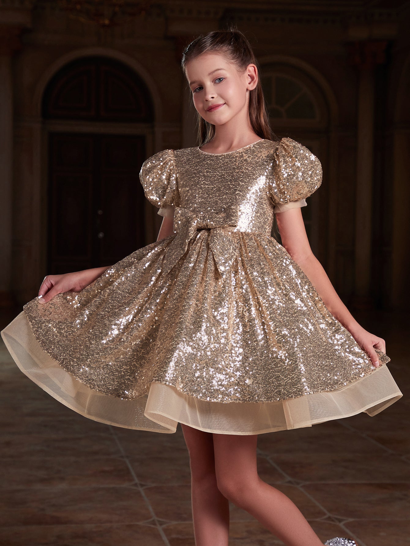 Girl's Cute Bow Front Puff Sleeve Sequin Party Dress