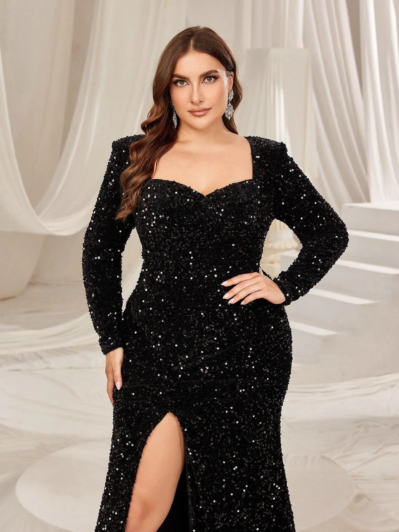 Plus Sweetheart Neck Split Thigh Sequin Formal Mermaid Dress