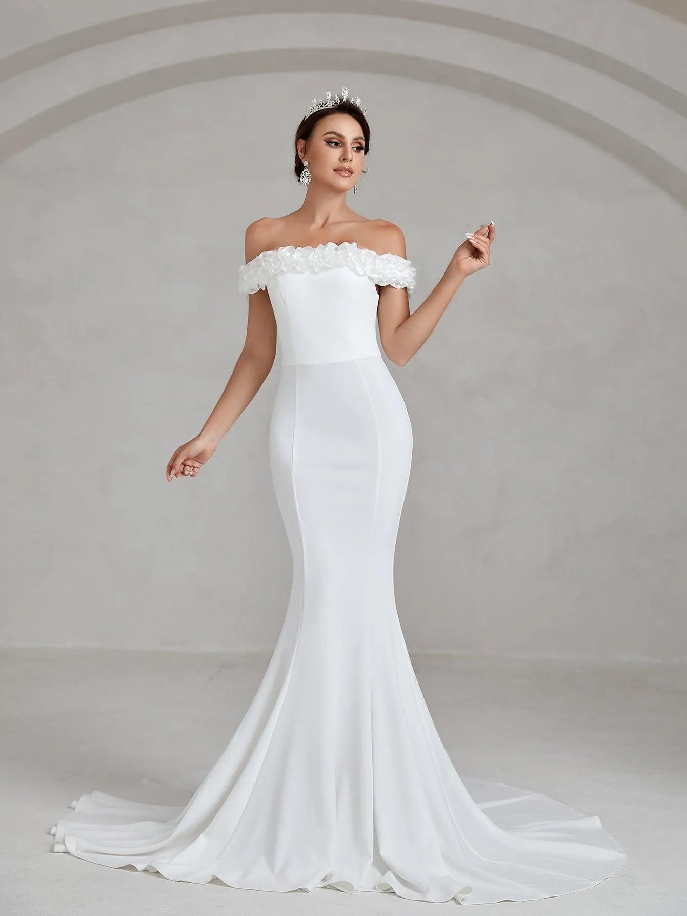 Ruffle Trim Off Shoulder Mermaid Hem Wedding Dress