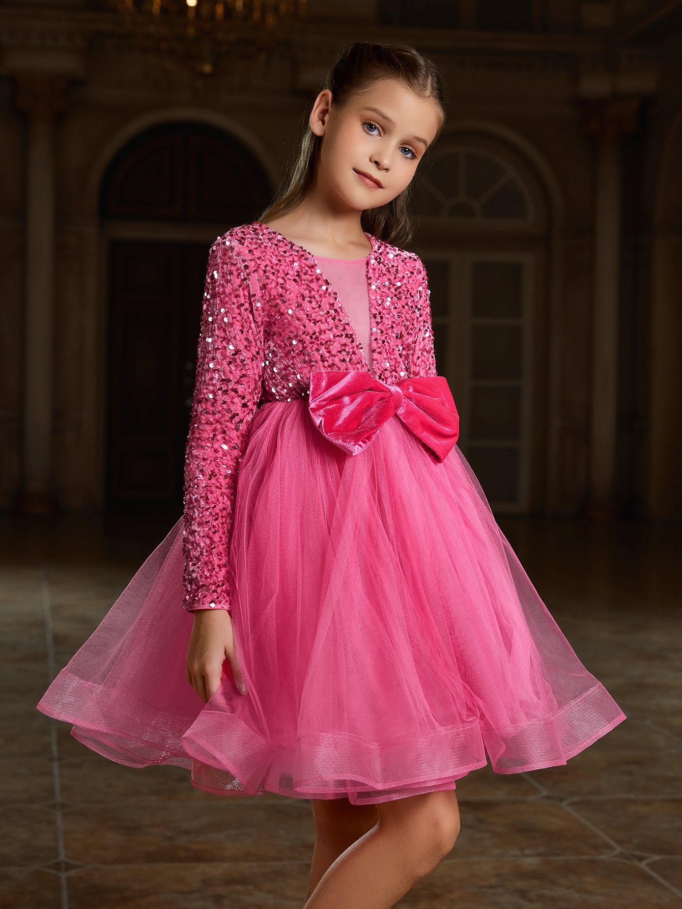 Girl's Cute Bow Front Long Sleeve Party Dress