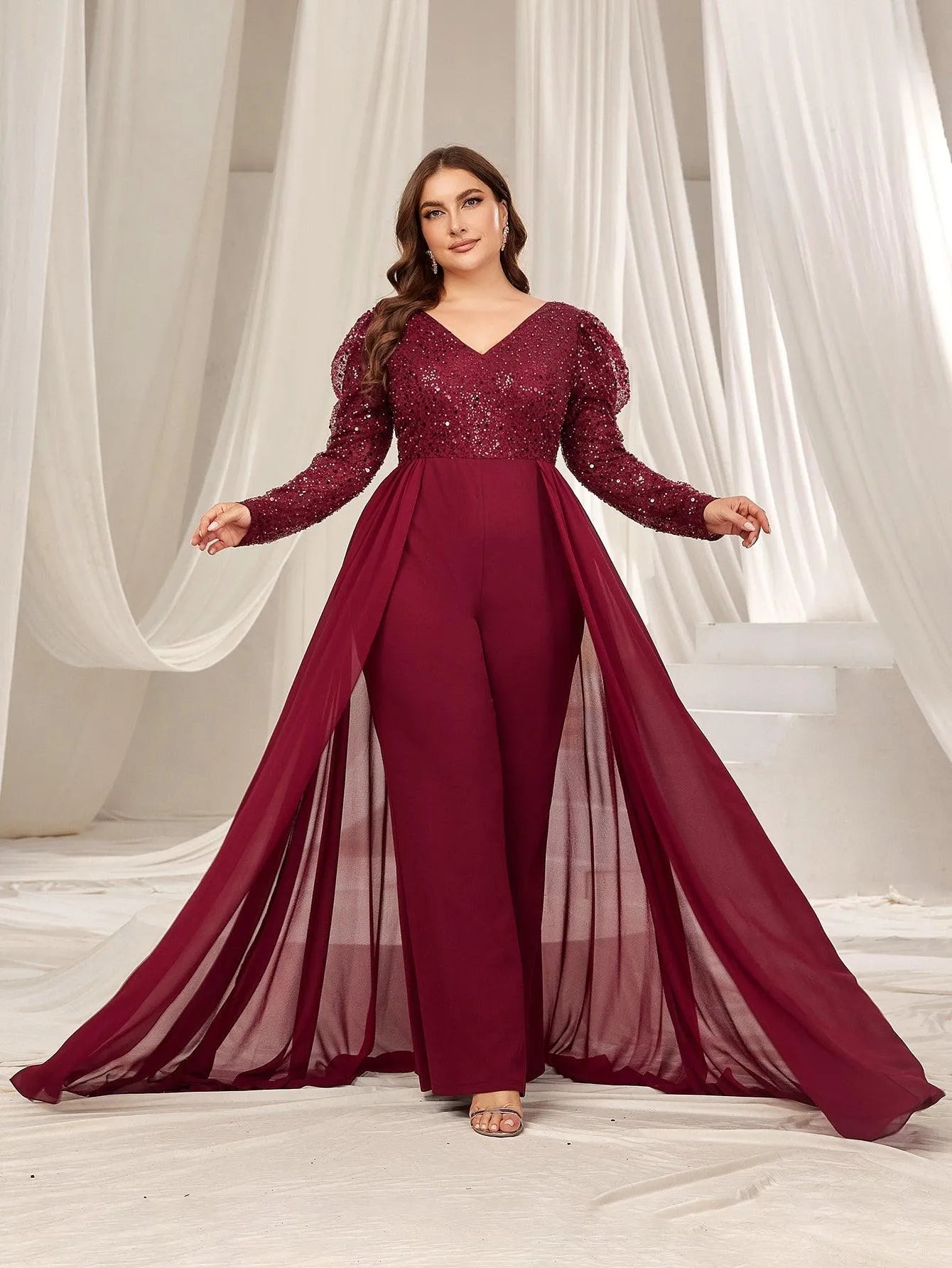 Plus V Neck Gigot Sleeves Sequin Prom Jumpsuit