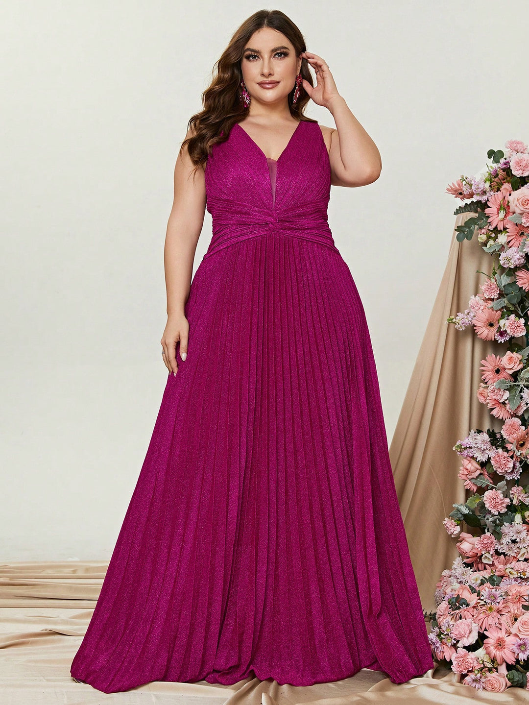 Plus Glitter V Neck Sleeveless Maxi A Line Pleated Gown