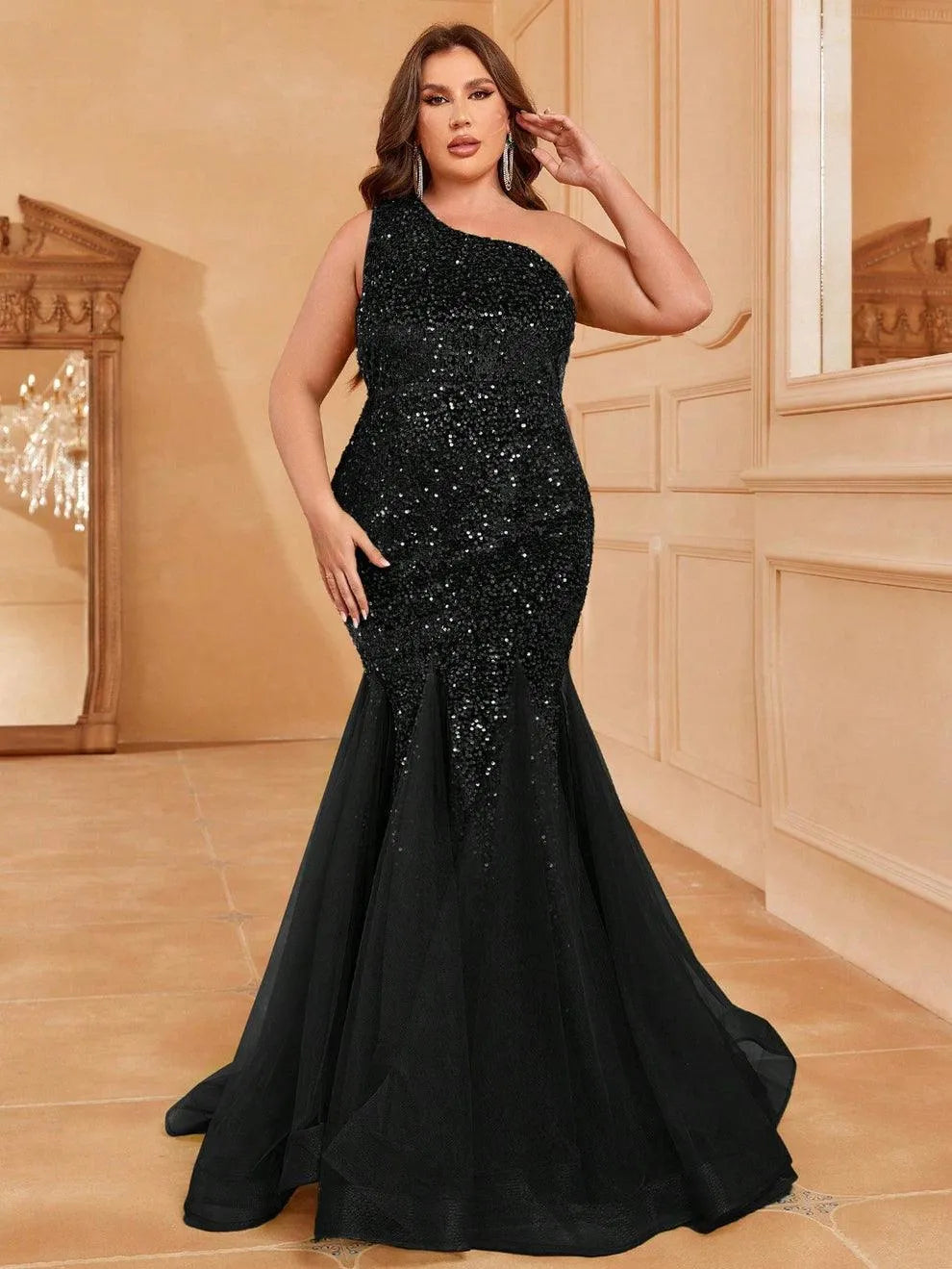 Plus One Shoulder Contrast Mesh Sequin Mermaid Dress