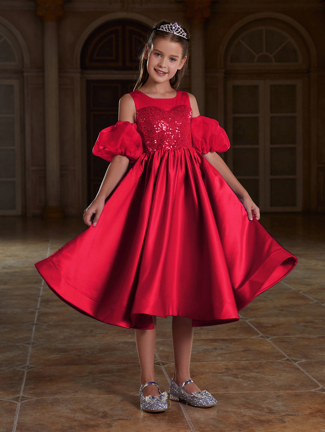 Girl's Puff Sleeve Sequin Contrast Satin Dress