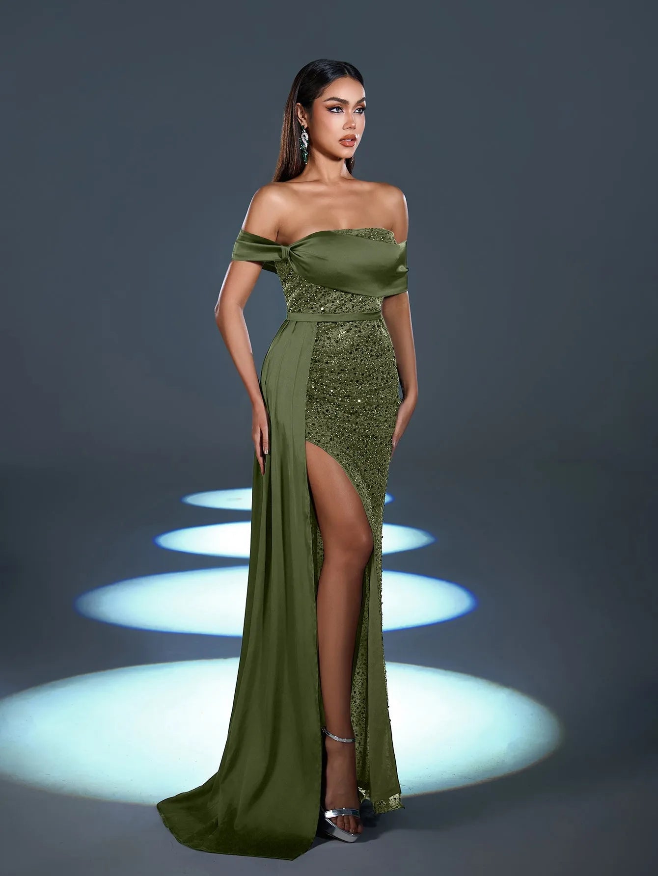 Elegant Off Shoulder Draped Side Split Mermaid Hem Sequin Evening Dress