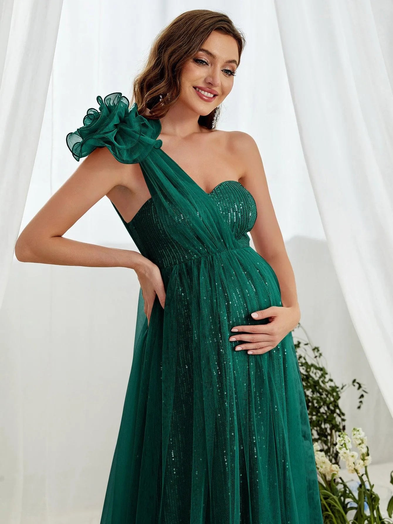 Maternity One Shoulder Contrast Mesh Sequin Formal Dress