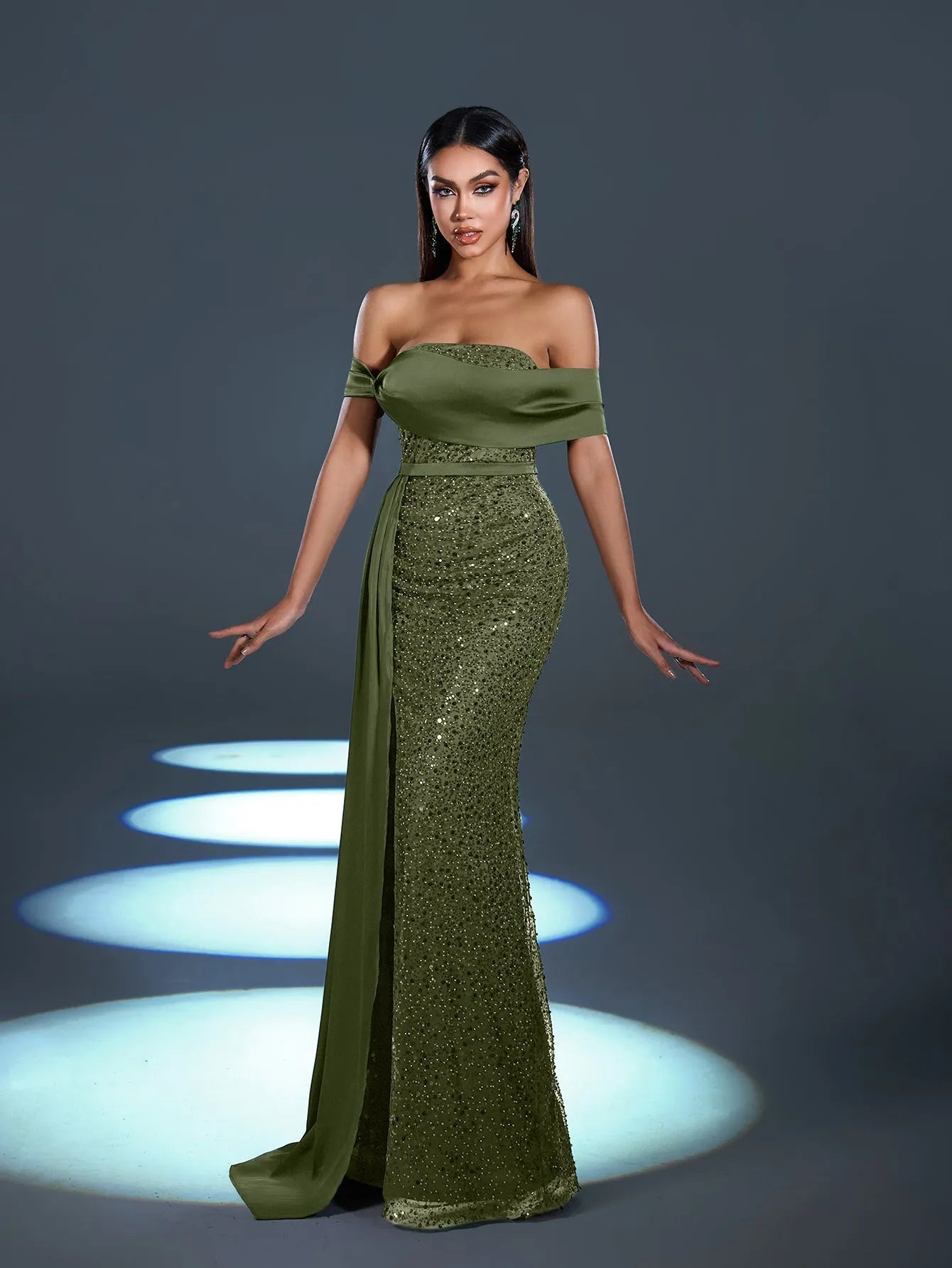 Elegant Off Shoulder Draped Side Split Mermaid Hem Sequin Evening Dress