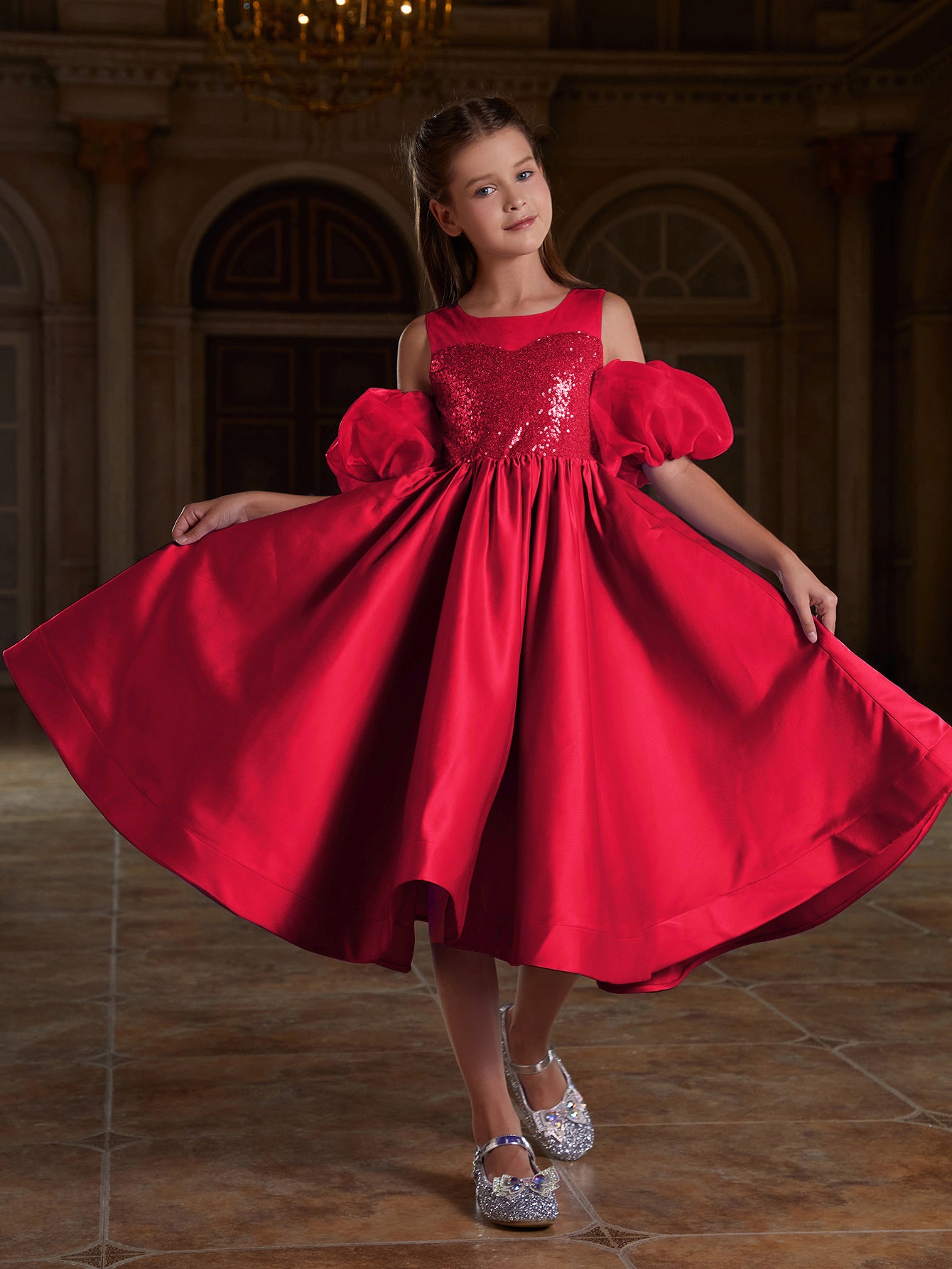 Girl's Puff Sleeve Sequin Contrast Satin Dress