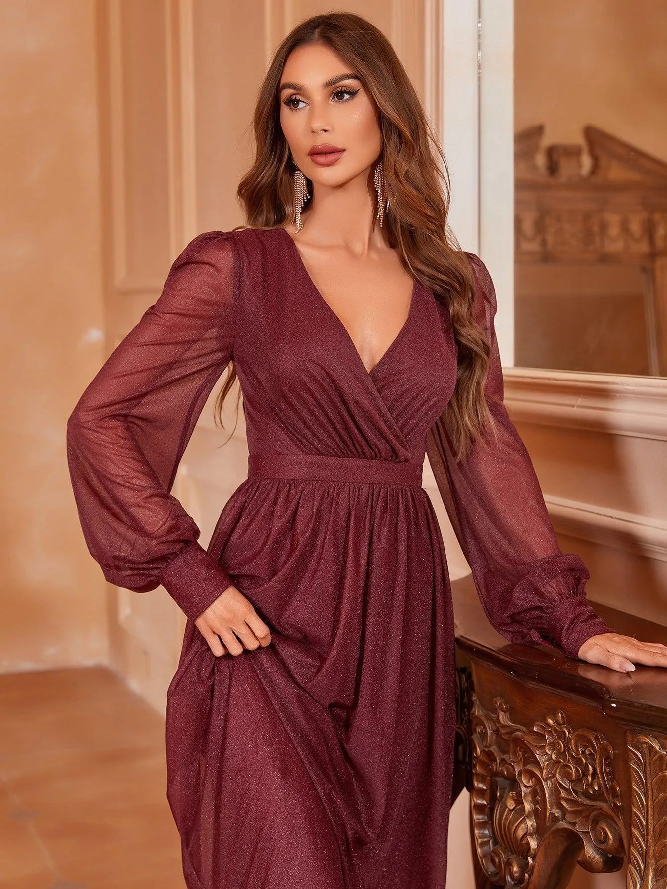 Elegant V Neck Lantern Sleeves Maxi A Line Dress