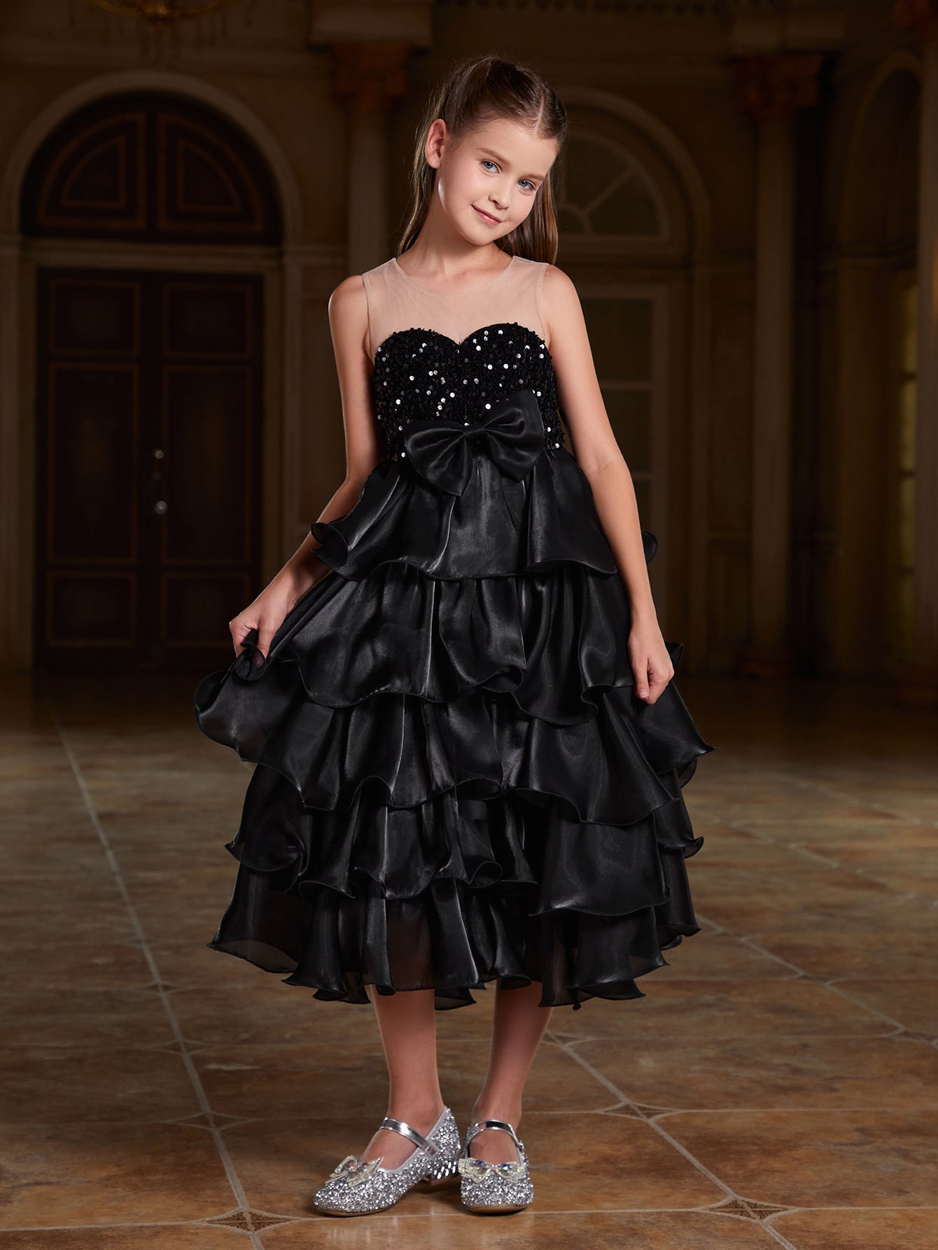 Girl's Sleeveless Sequin Contrast Layered Organza Hem Dress