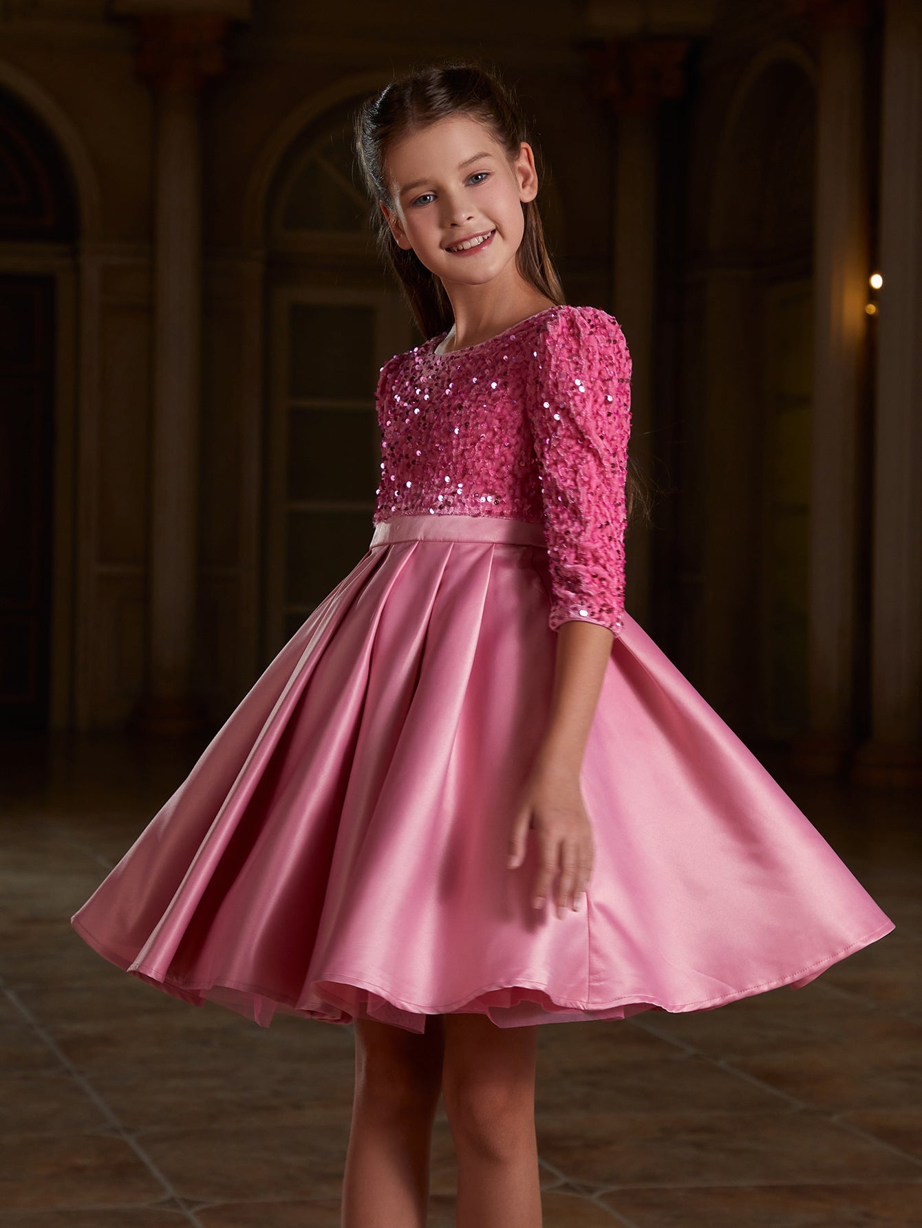 Girl's Sequin Contrast Pleated Satin Hem Dress